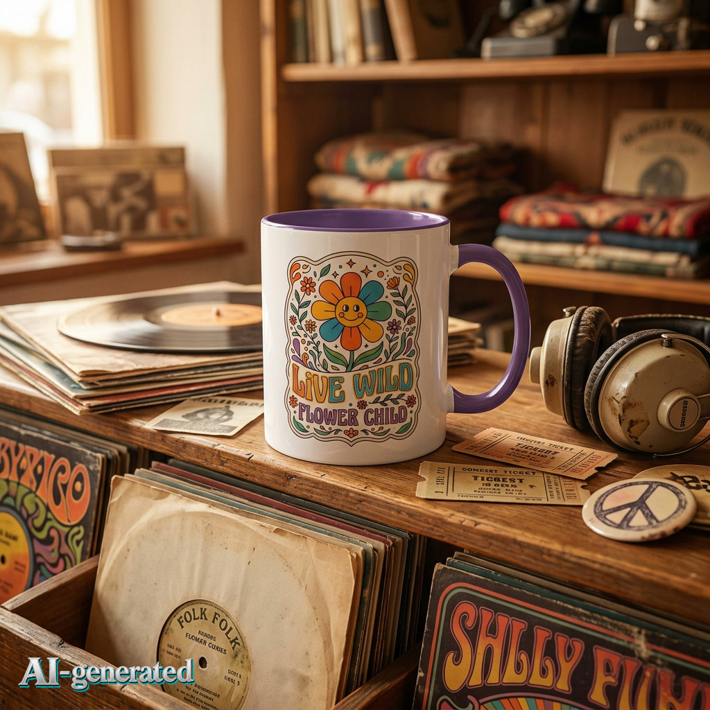 EU AI label - Live Wild Flower Child Kaffeetasse – Retro Floral Smiley Mug | musikworlds