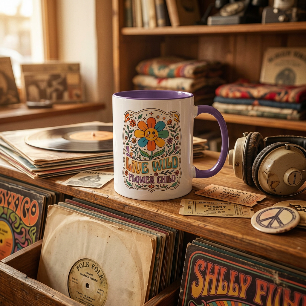 Live Wild Flower Child Coffee Mug – Retro Floral Smiley Design (11/15oz)