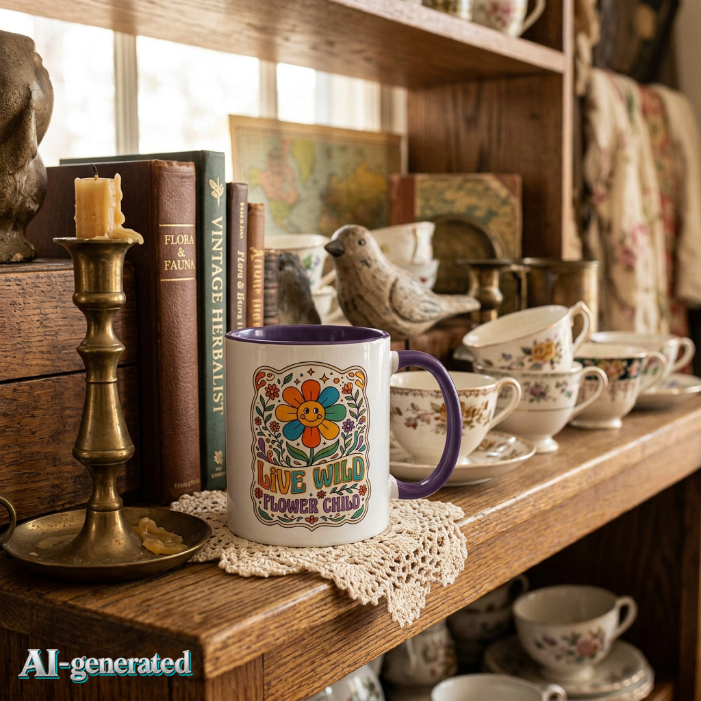 EU AI label - Live Wild Flower Child Kaffeetasse – Retro Floral Smiley Mug | musikworlds