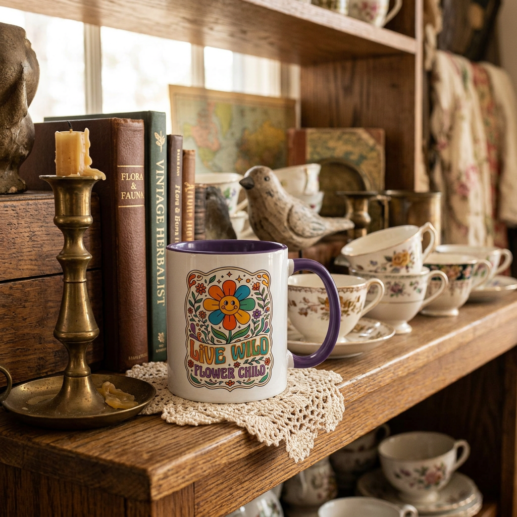 Live Wild Flower Child Coffee Mug – Retro Floral Smiley Design (11/15oz)