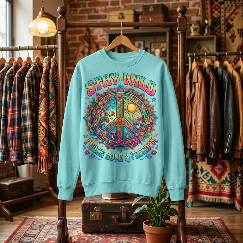 Stay Wild Peace Sign Sweatshirt — Retro Hippie Peace, Love & Freedom Crewneck