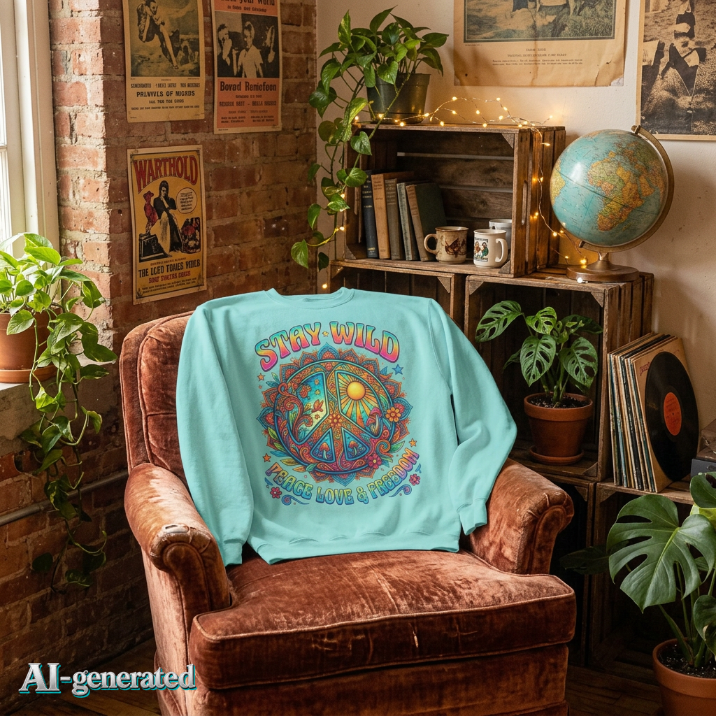 EU AI label - Stay Wild Peace Sign Sweatshirt – Retro Hippie Crewneck | musikworlds