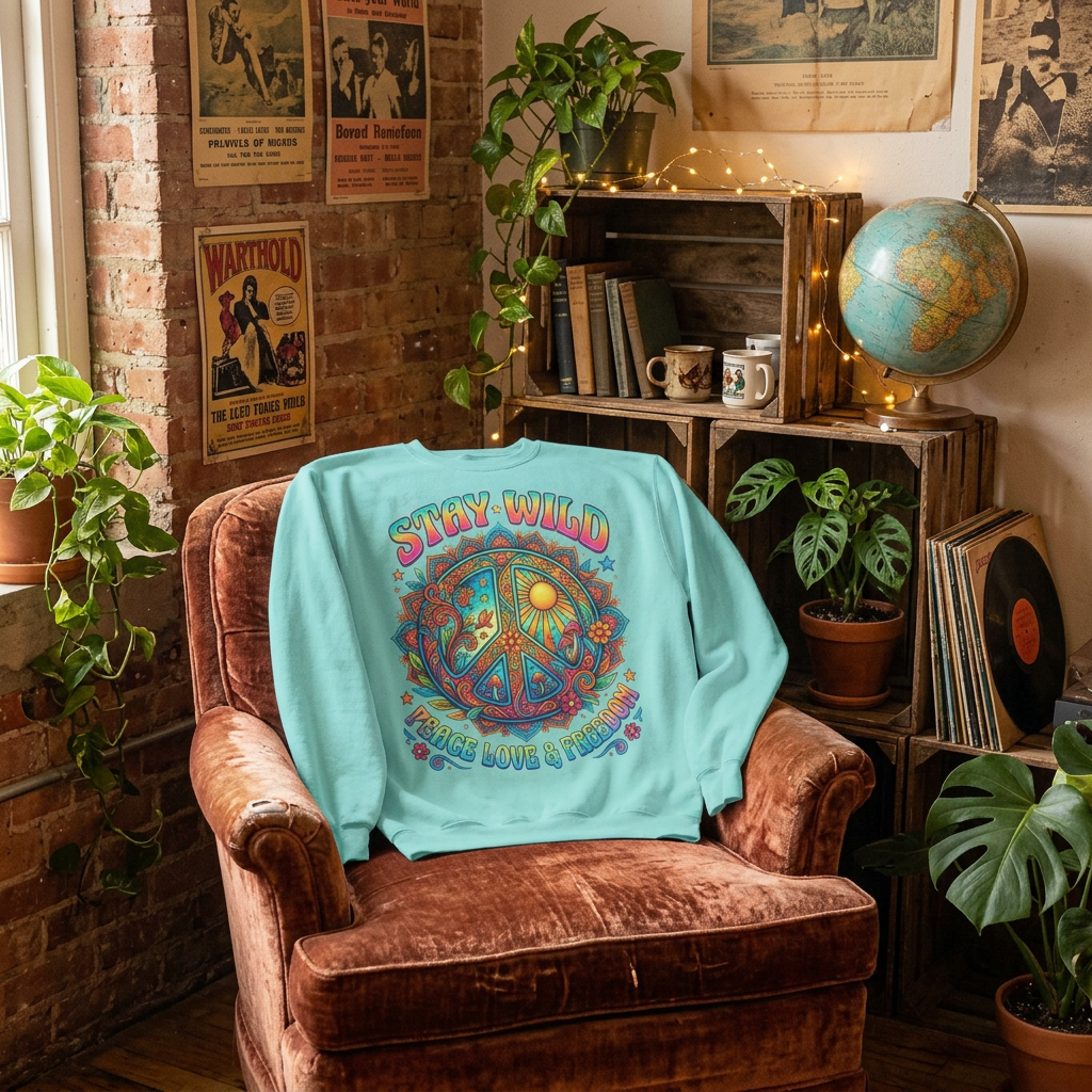 Stay Wild Peace Sign Sweatshirt — Retro Hippie Peace, Love & Freedom Crewneck