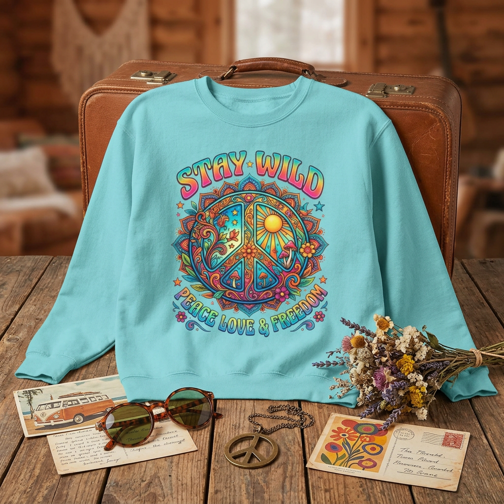 Stay Wild Peace Sign Sweatshirt — Retro Hippie Peace, Love & Freedom Crewneck