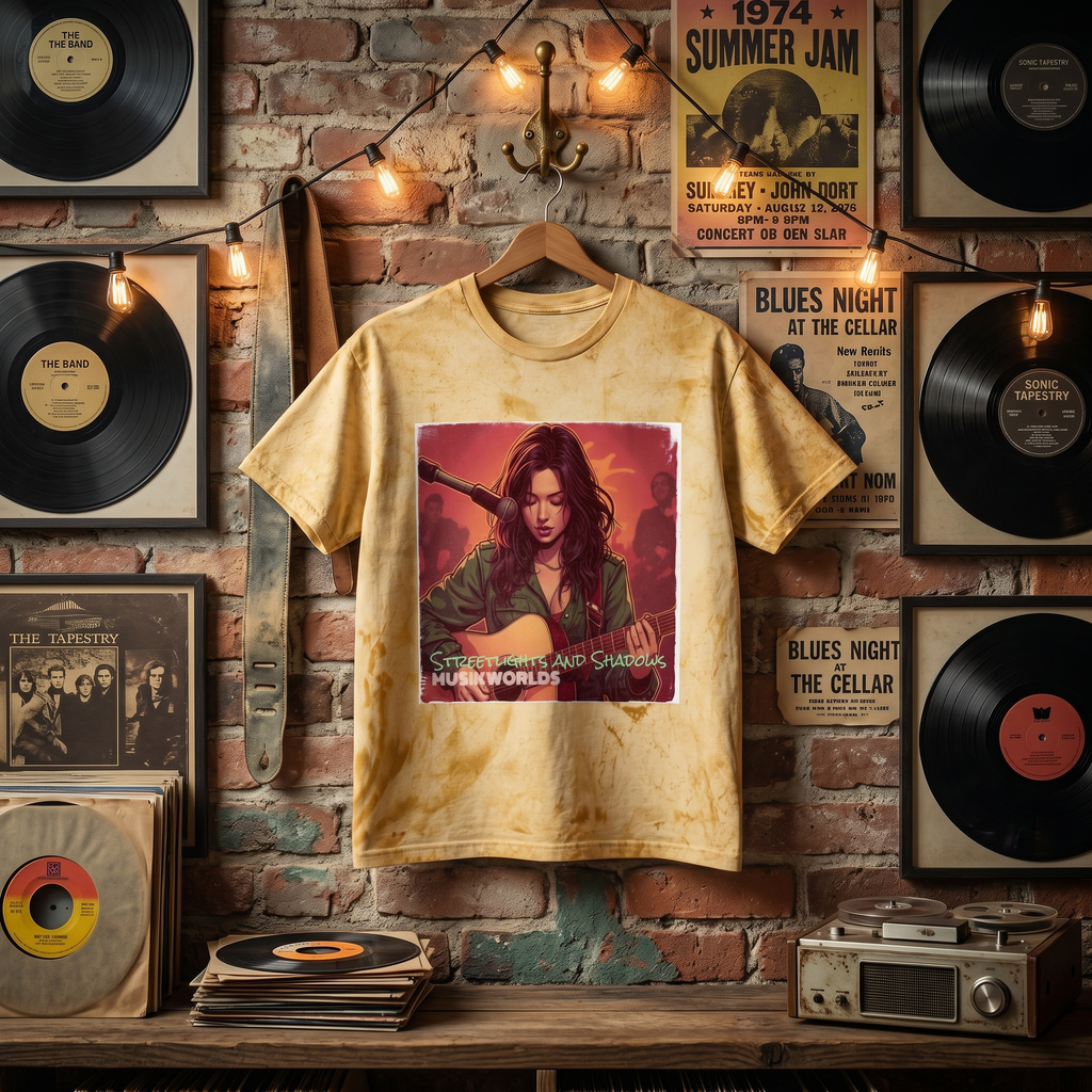 Indie Guitarist Graphic Tee — "Streetlights and Shadows" Vintage Tie-Dye T-Shirt