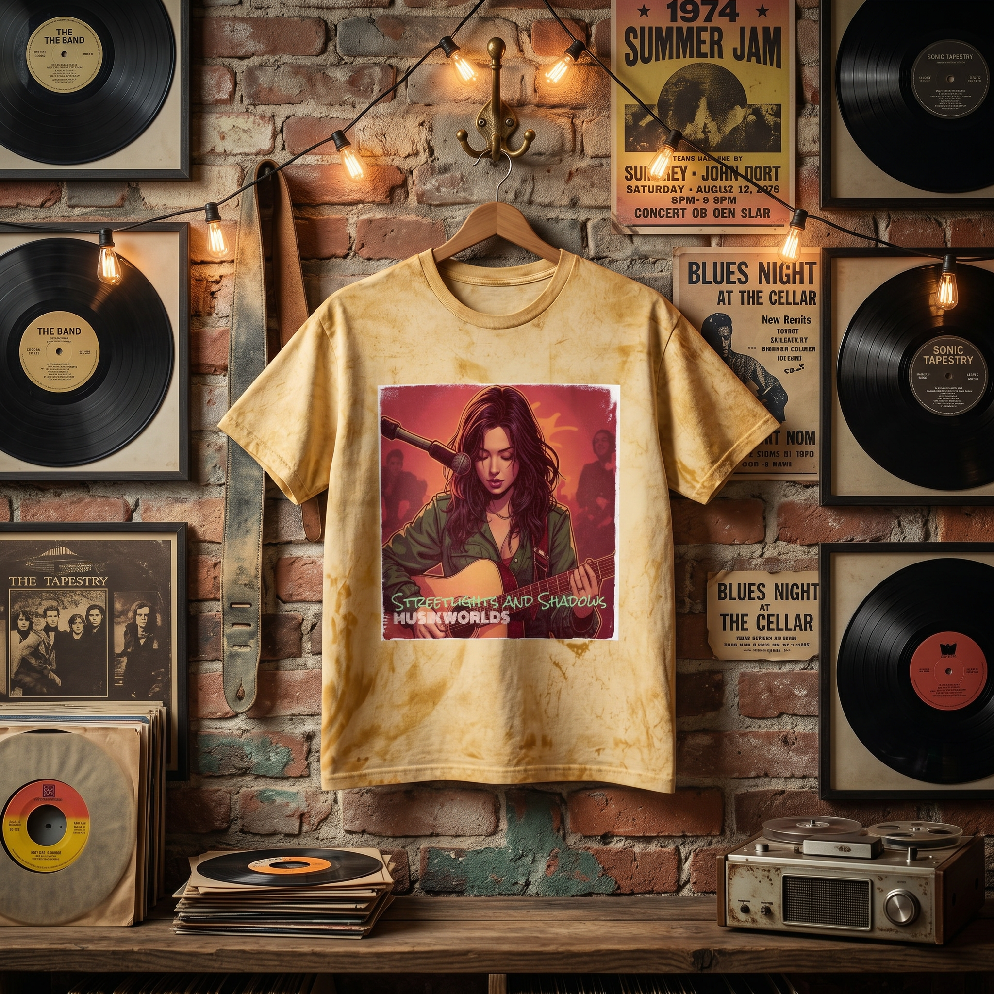 Indie Guitarist Graphic Tee — "Streetlights and Shadows" Vintage Tie-Dye T-Shirt