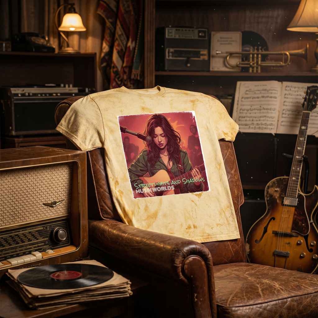 Indie Guitarist Graphic Tee — "Streetlights and Shadows" Vintage Tie-Dye T-Shirt