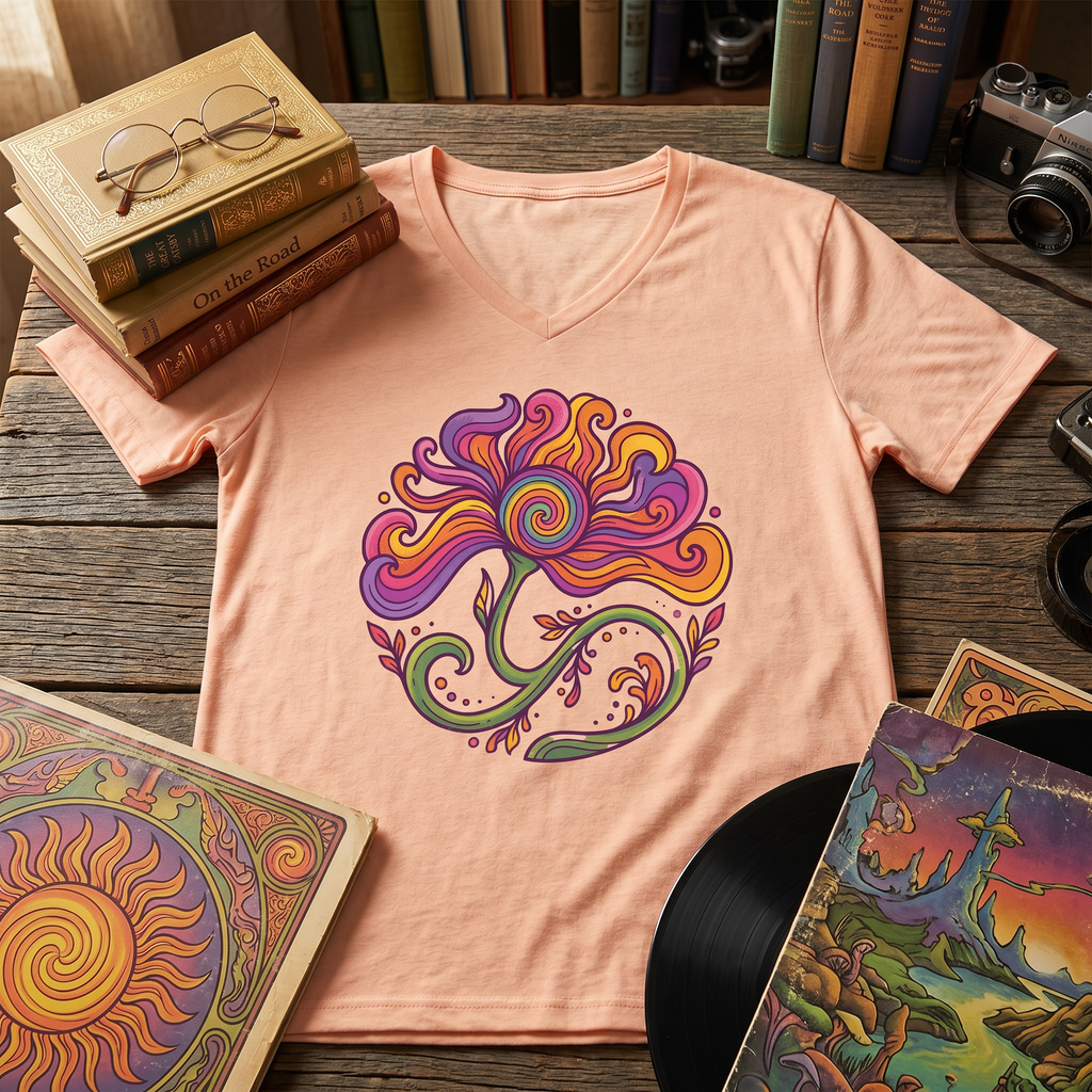 Floral Swirl V-Neck Tee — Colorful Boho Flower Graphic for Women