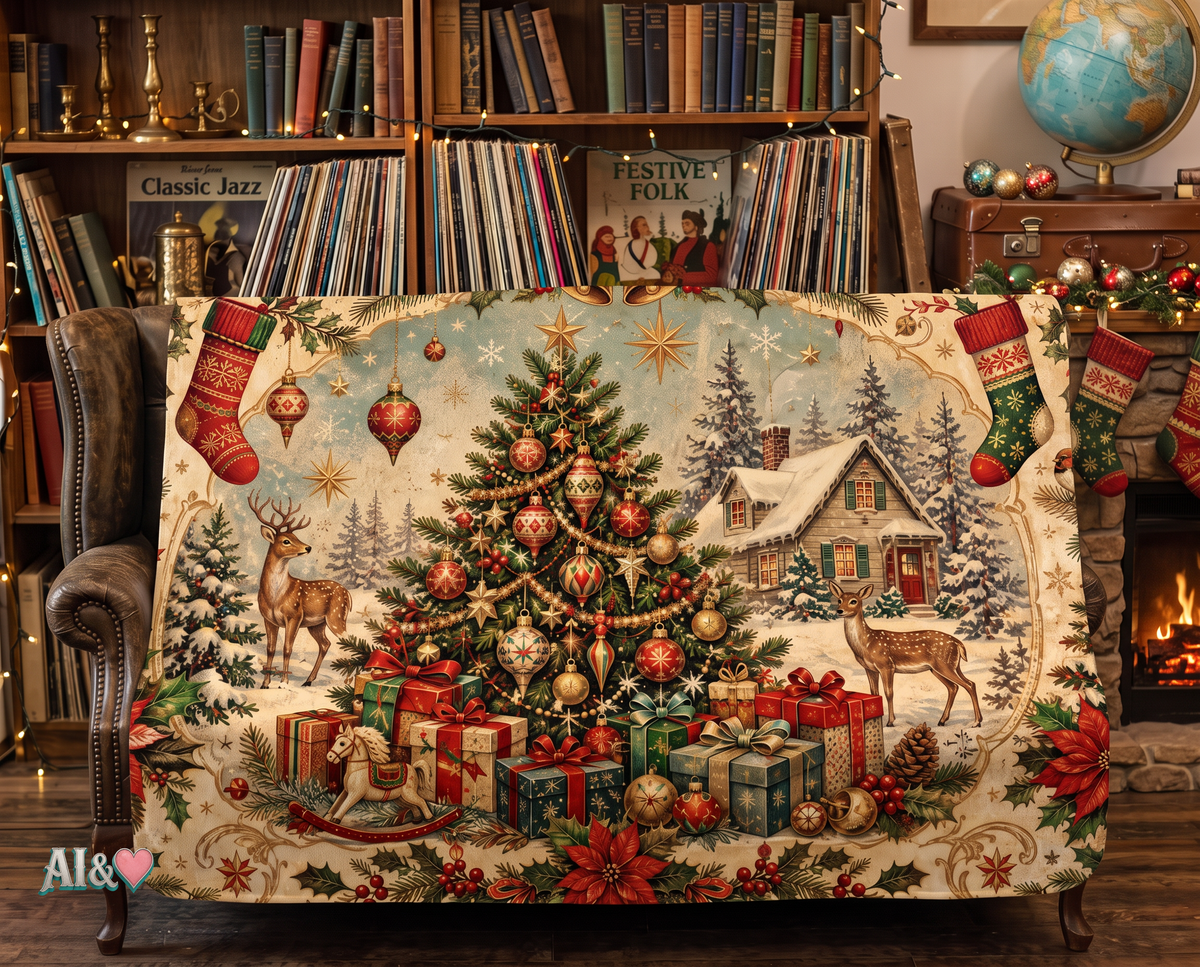 Vintage Christmas Blanket, Retro Christmas Tree Throw, Rustic Holiday Decor, Reindeer and Gift Print, Cozy Winter Home Decor | musikworlds Artist Collection – AI CUSTOM / KI CUSTOM