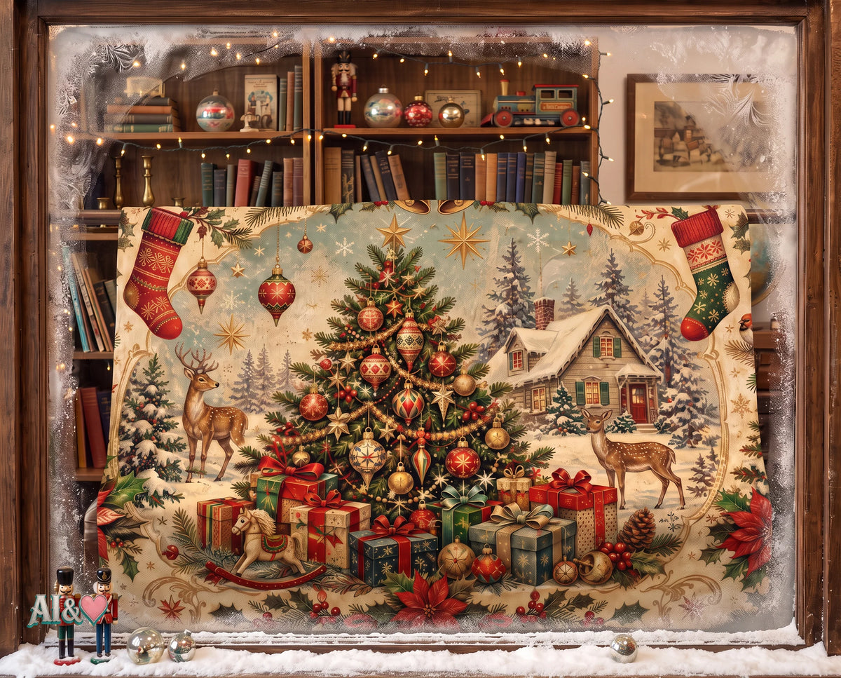 Vintage-style Christmas blanket, retro throw blanket with Christmas tree motif, rustic holiday decoration, with reindeer and gift print, cozy winter home decor | musikworlds Artist Collection