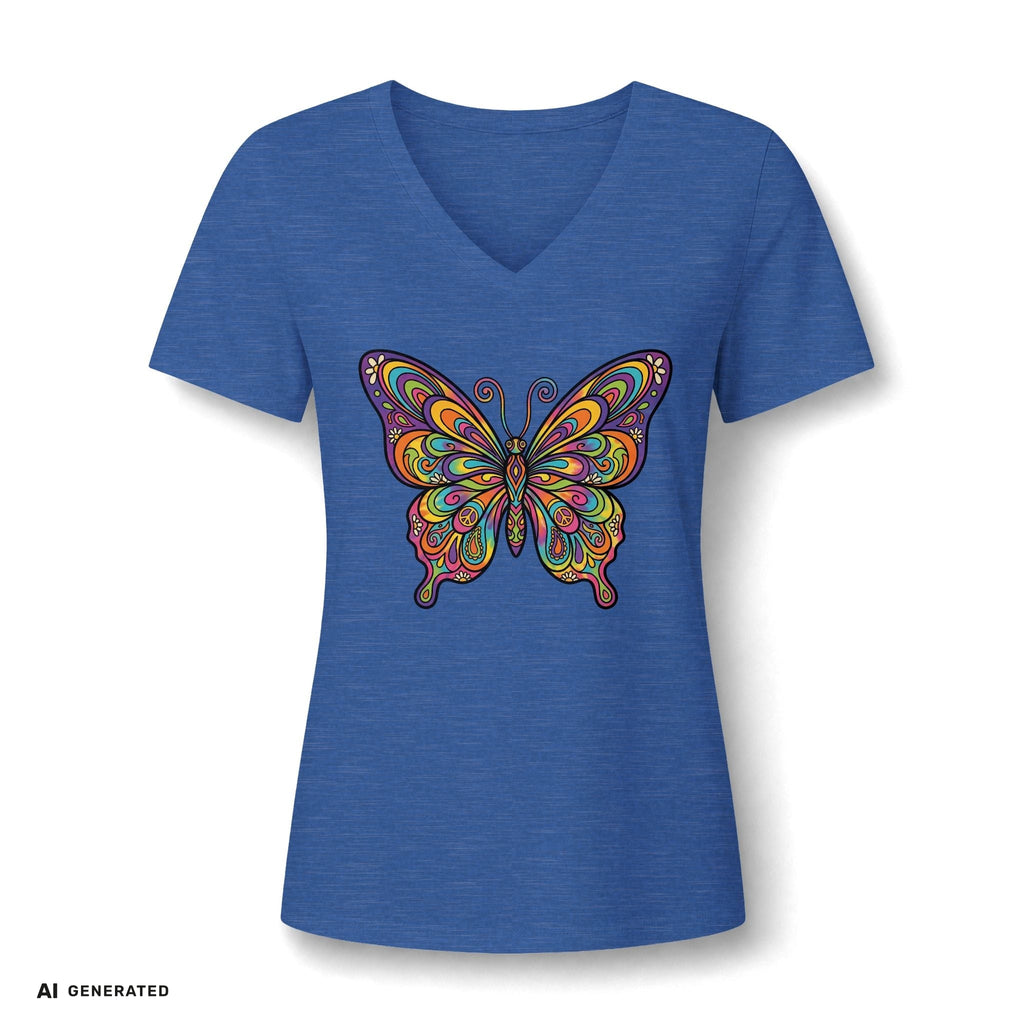 Damen V-Neck Butterfly Tee – Buntes Boho Schmetterlings-Shirt | musikworlds Artist Collection – AI GENERATED / KI-GENERIERT