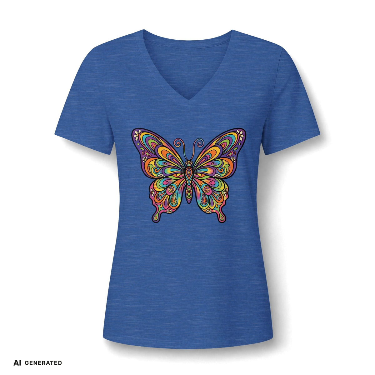 Damen V-Neck Butterfly Tee – Buntes Boho Schmetterlings-Shirt | musikworlds Artist Collection – AI GENERATED / KI-GENERIERT
