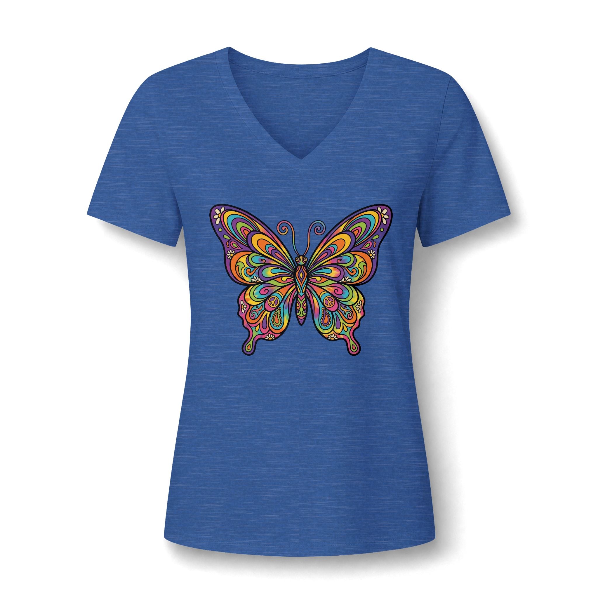 Damen V-Neck Butterfly Tee – Buntes Boho Schmetterlings-Shirt | musikworlds Artist Collection