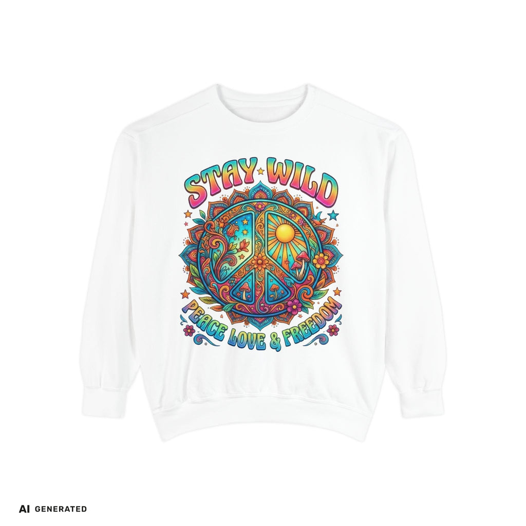 Stay Wild Peace Sign Sweatshirt – Retro Hippie Crewneck | musikworlds Artist Collection – AI GENERATED / KI-GENERIERT