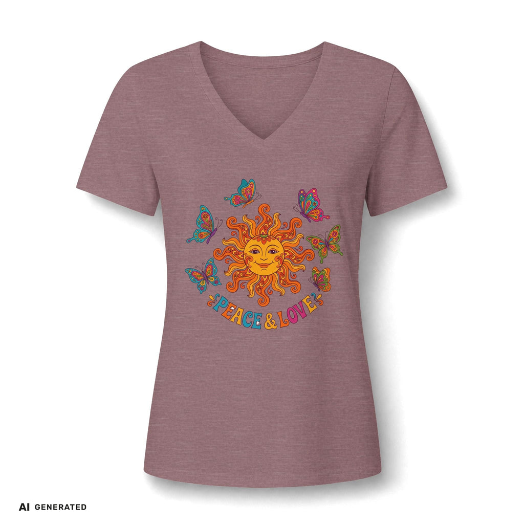 Peace & Love Sunflower Tee – Retro Boho V-Neck Damen | musikworlds Artist Collection – AI GENERATED / KI-GENERIERT