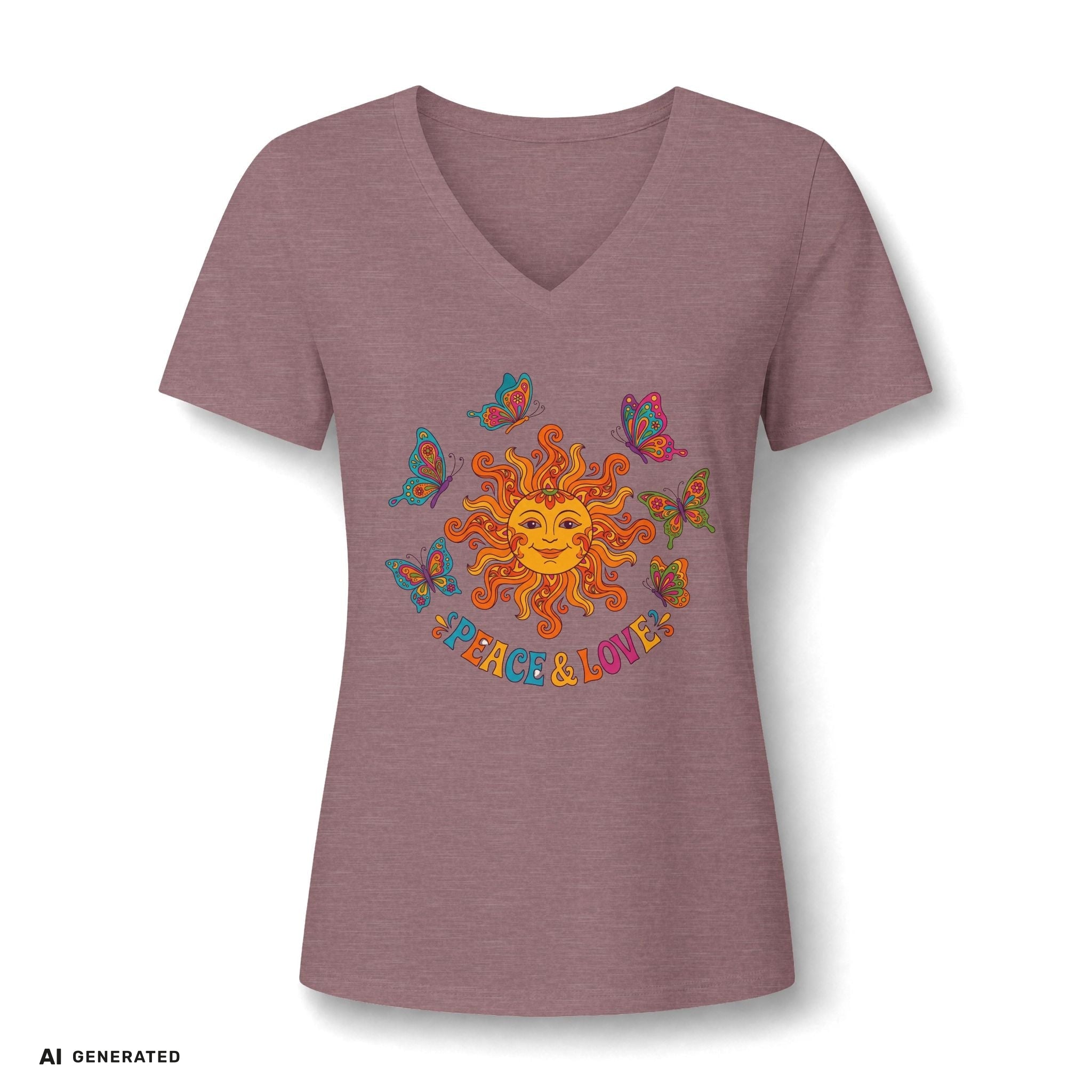 Peace & Love Sunflower Tee – Retro Boho V-Neck Damen | musikworlds Artist Collection – AI GENERATED / KI-GENERIERT