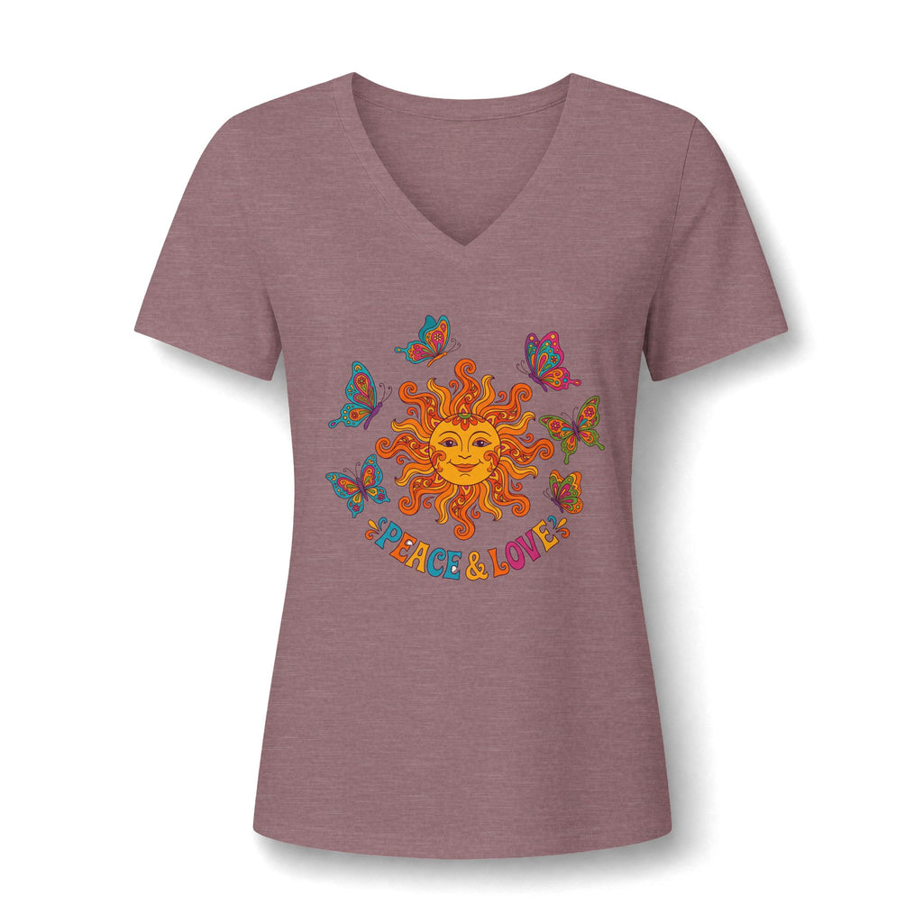 Peace & Love Sunflower Tee – Retro Boho V-Neck Damen | musikworlds Artist Collection