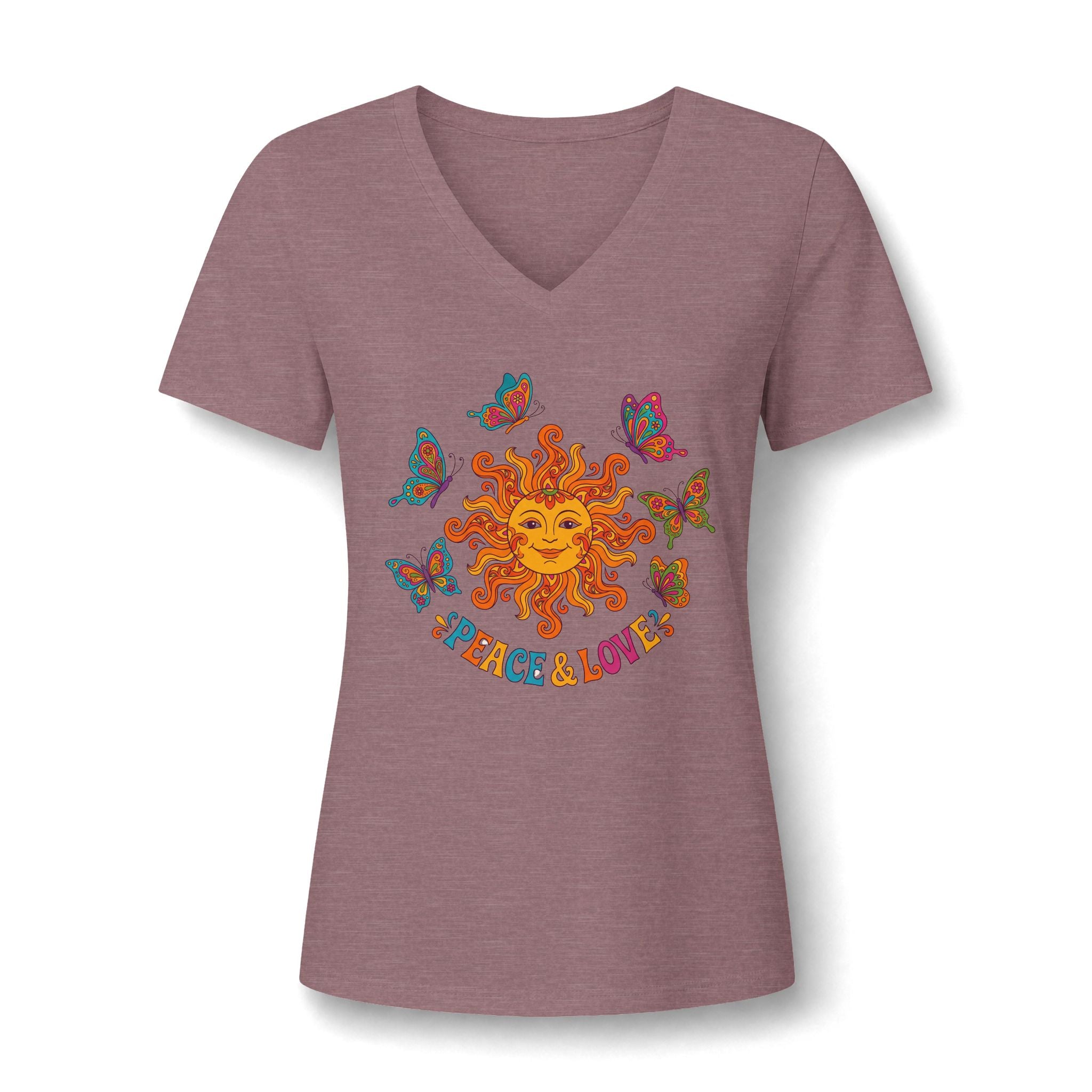 Peace & Love Sunflower Tee – Retro Boho V-Neck Damen | musikworlds Artist Collection