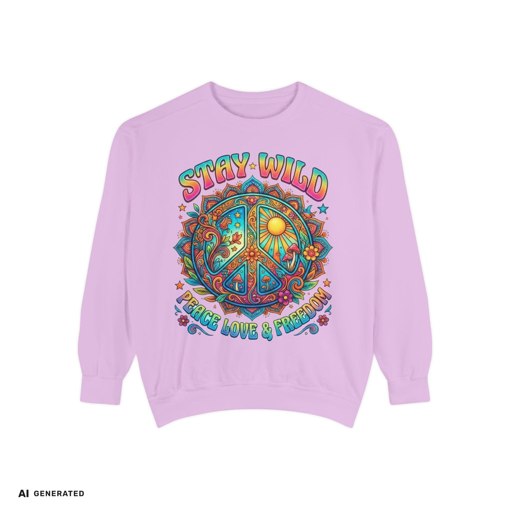 Stay Wild Peace Sign Sweatshirt – Retro Hippie Crewneck | musikworlds Artist Collection – AI GENERATED / KI-GENERIERT