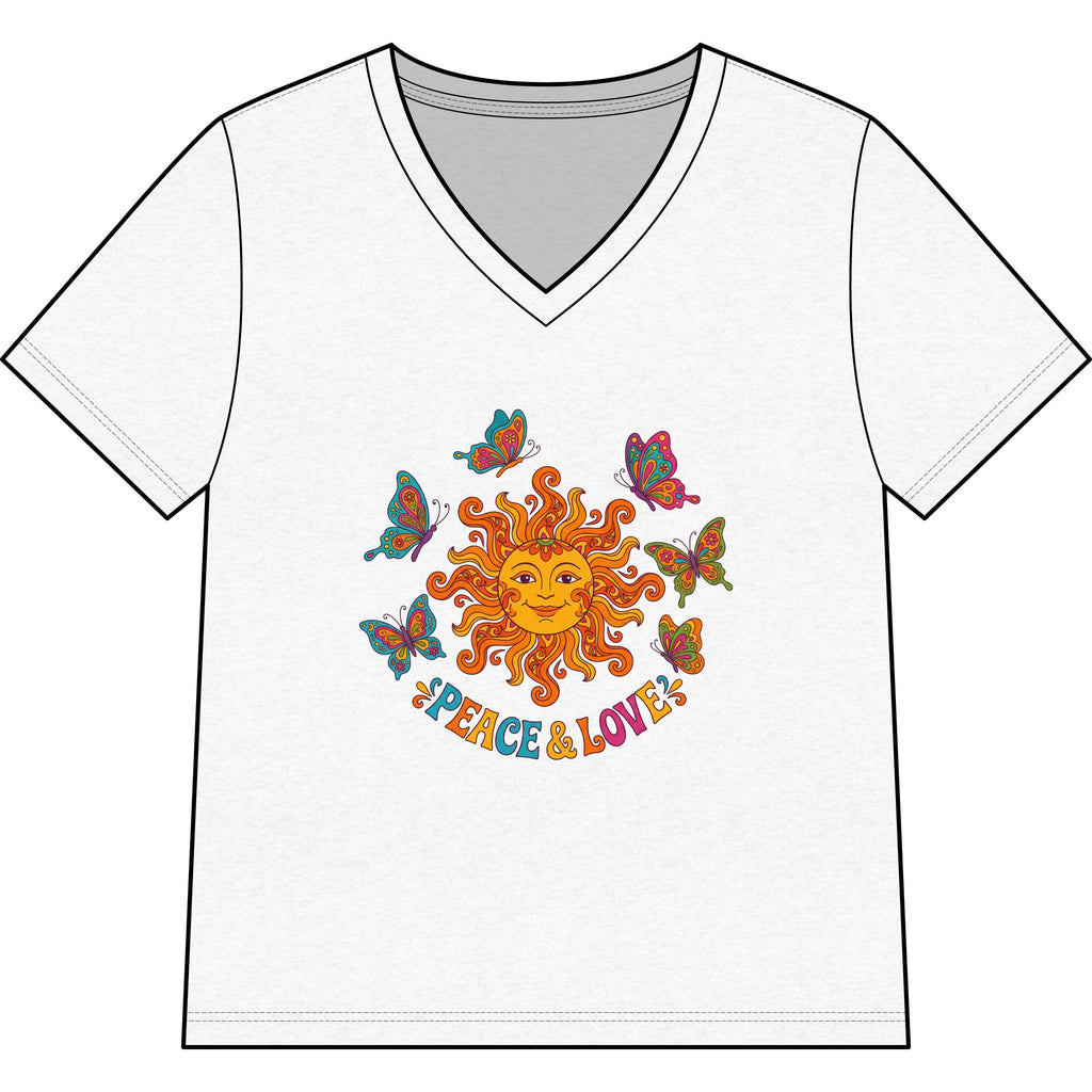 Peace & Love Sunflower Tee — Retro Sun and Butterflies V‑Neck