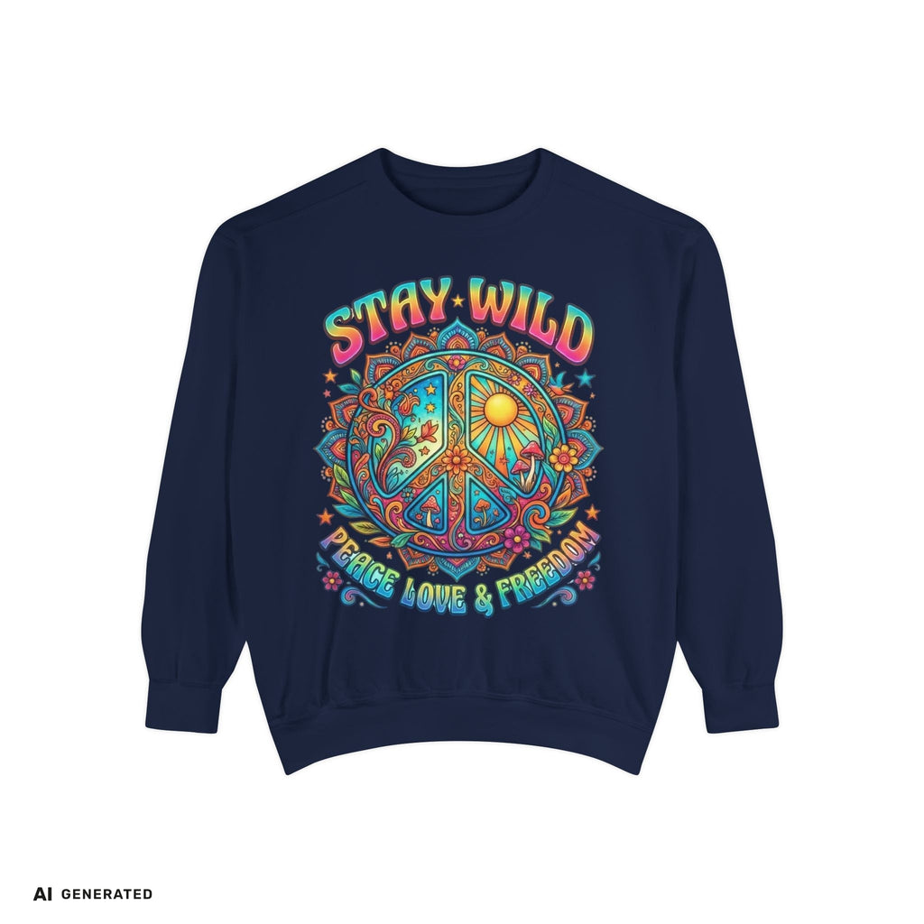 Stay Wild Peace Sign Sweatshirt – Retro Hippie Crewneck | musikworlds Artist Collection – AI GENERATED / KI-GENERIERT