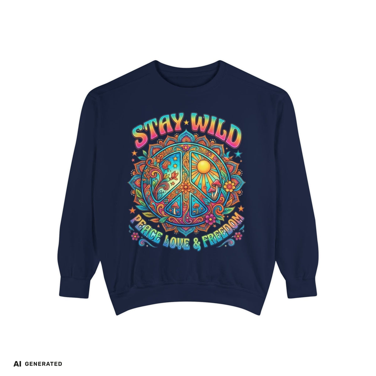 Stay Wild Peace Sign Sweatshirt – Retro Hippie Crewneck | musikworlds Artist Collection – AI GENERATED / KI-GENERIERT