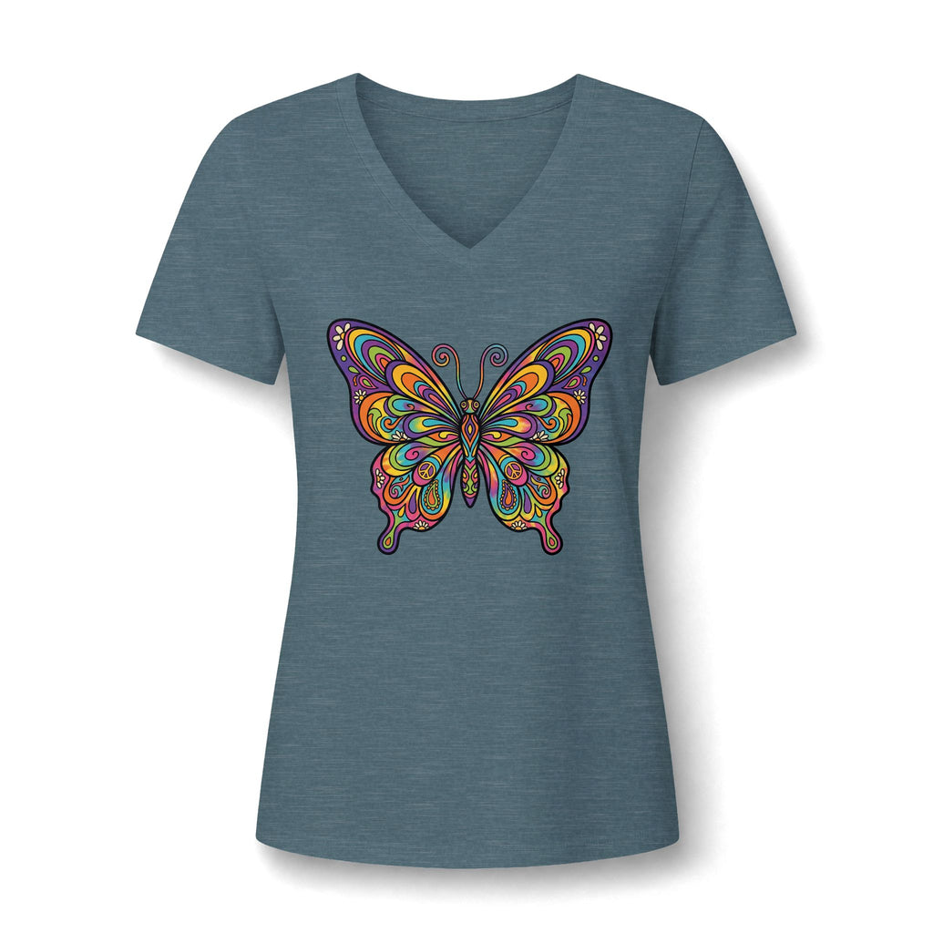 Damen V-Neck Butterfly Tee – Buntes Boho Schmetterlings-Shirt | musikworlds Artist Collection