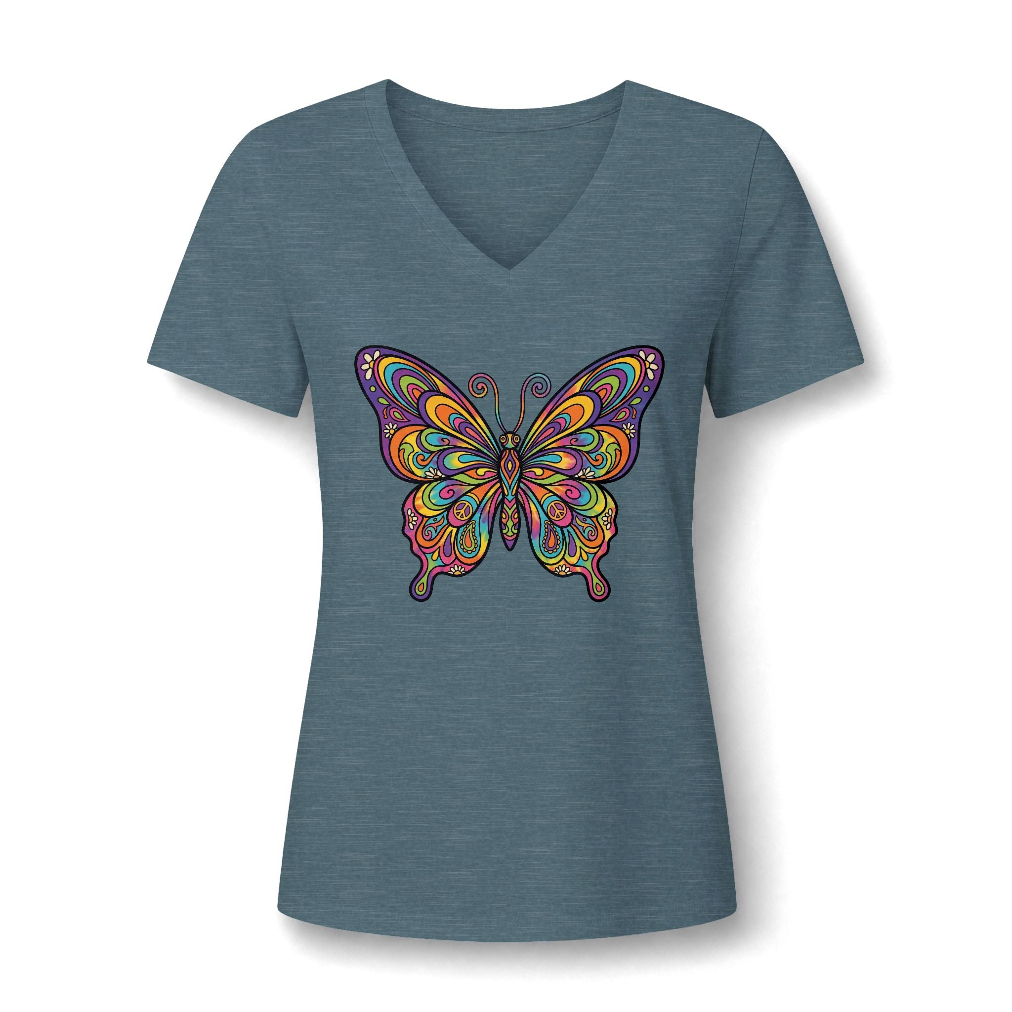 Damen V-Neck Butterfly Tee – Buntes Boho Schmetterlings-Shirt | musikworlds Artist Collection