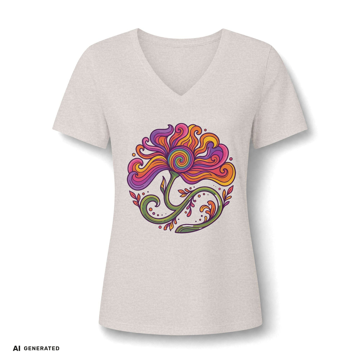 Floral Swirl V-Neck Tee – Boho Blumen Graphic Tee Damen | musikworlds Artist Collection – AI GENERATED / KI-GENERIERT