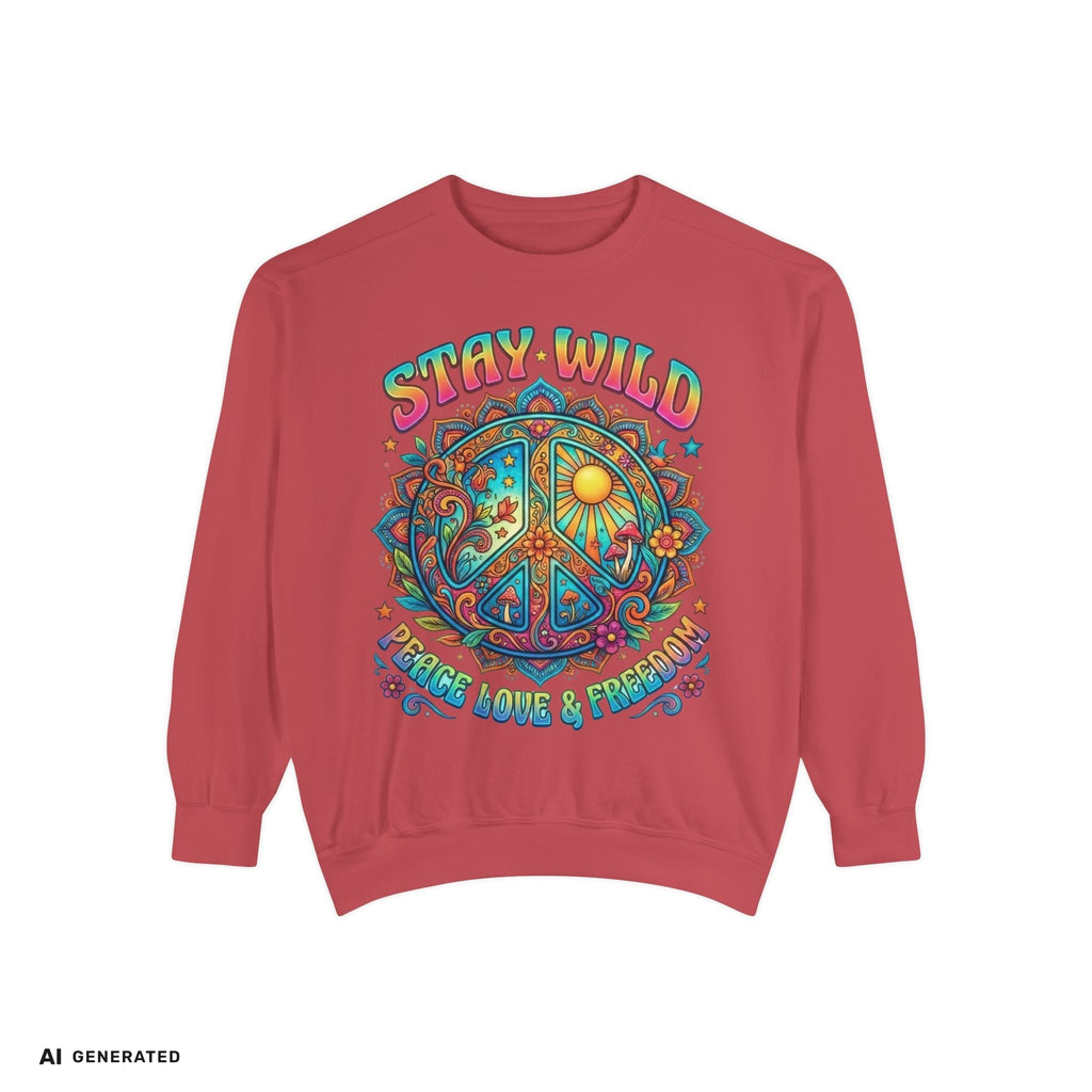 Stay Wild Peace Sign Sweatshirt – Retro Hippie Crewneck | musikworlds Artist Collection – AI GENERATED / KI-GENERIERT