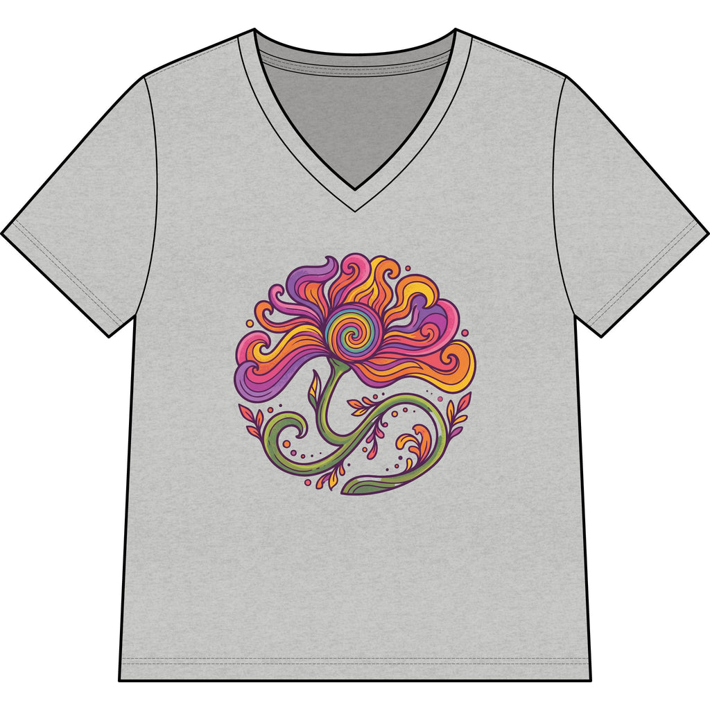 Floral Swirl V-Neck Tee — Colorful Boho Flower Graphic for Women