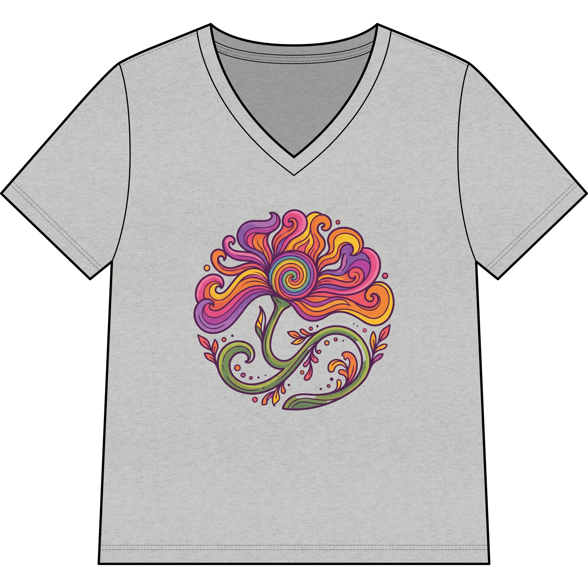 Floral Swirl V-Neck Tee — Colorful Boho Flower Graphic for Women