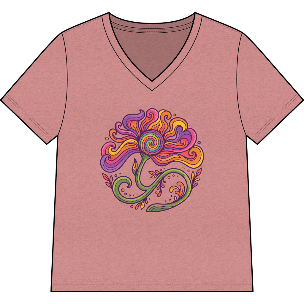 Floral Swirl V-Neck Tee — Colorful Boho Flower Graphic for Women