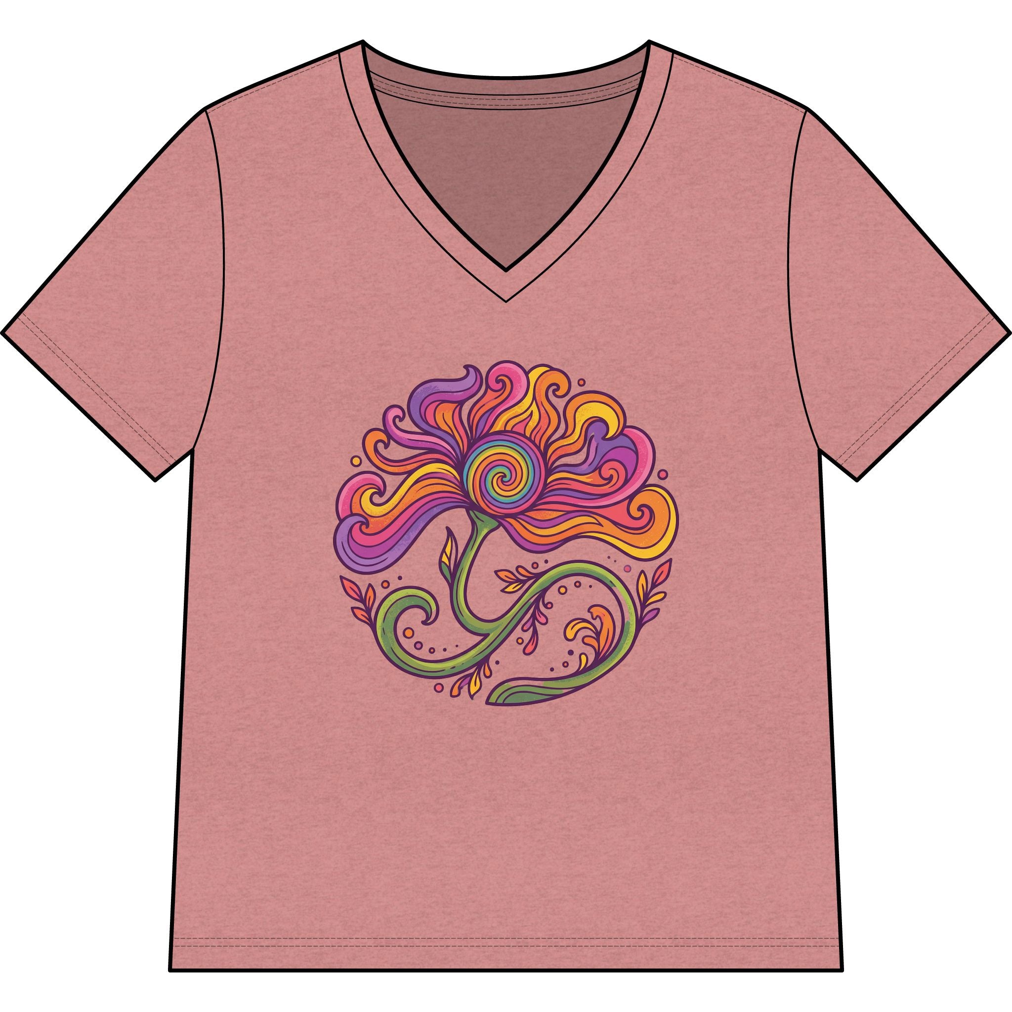 Floral Swirl V-Neck Tee — Colorful Boho Flower Graphic for Women