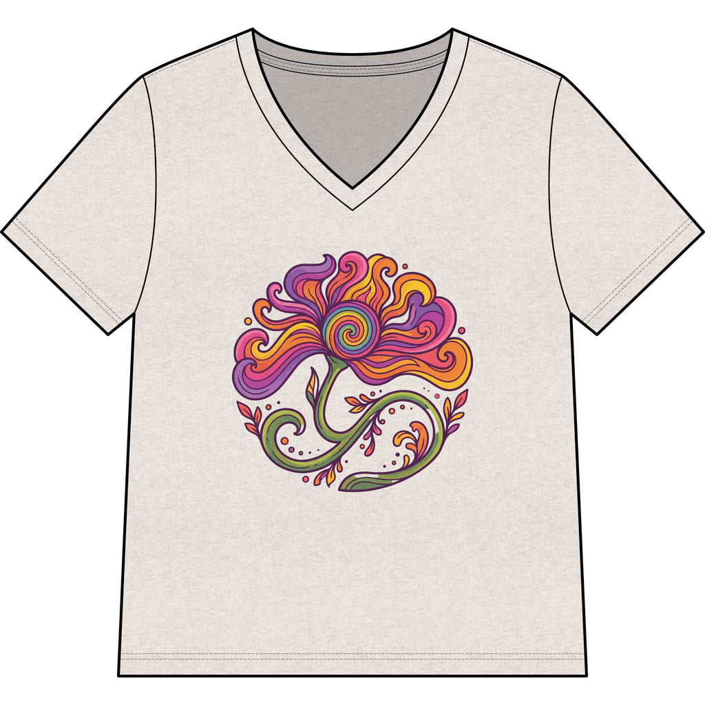 Floral Swirl V-Neck Tee — Colorful Boho Flower Graphic for Women