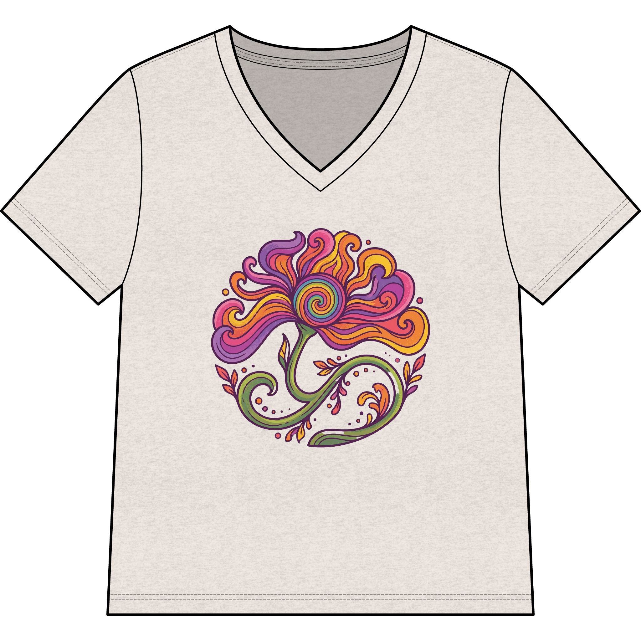 Floral Swirl V-Neck Tee — Colorful Boho Flower Graphic for Women
