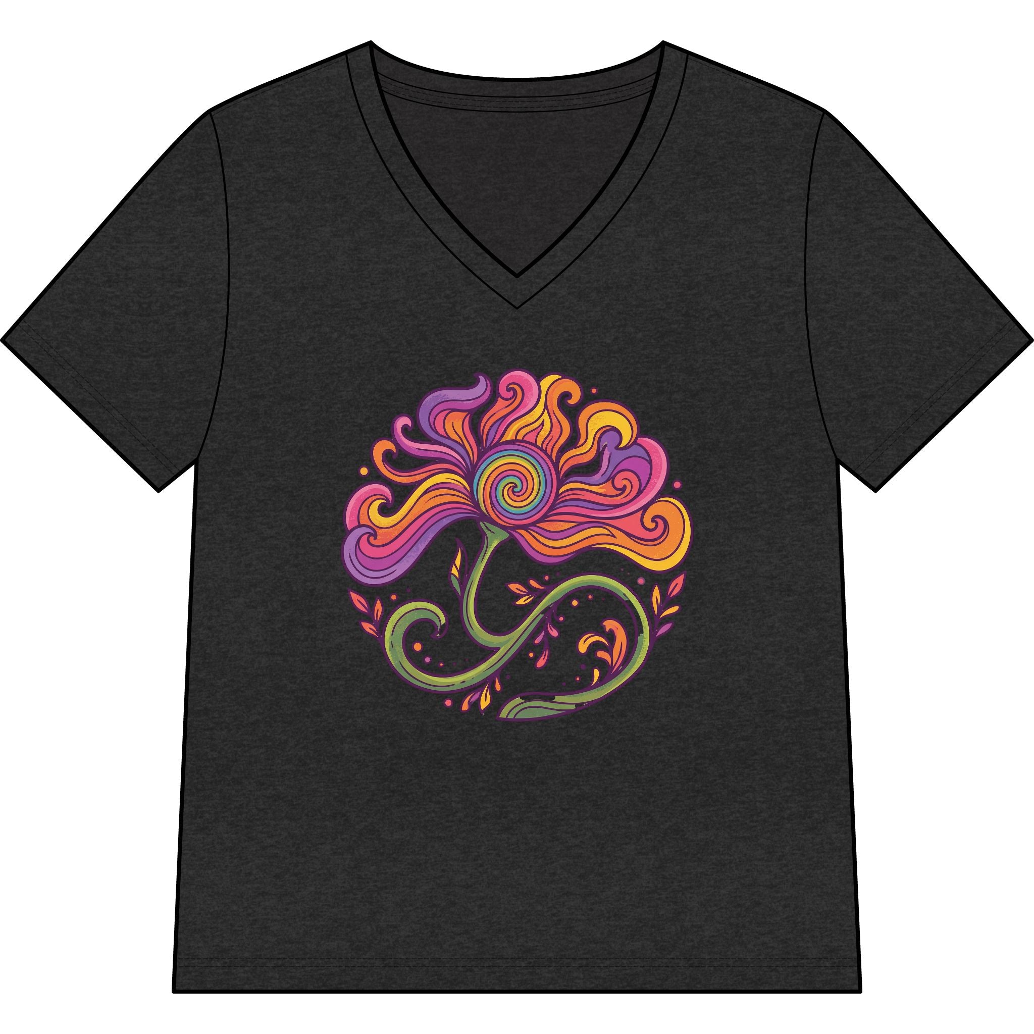 Floral Swirl V-Neck Tee — Colorful Boho Flower Graphic for Women
