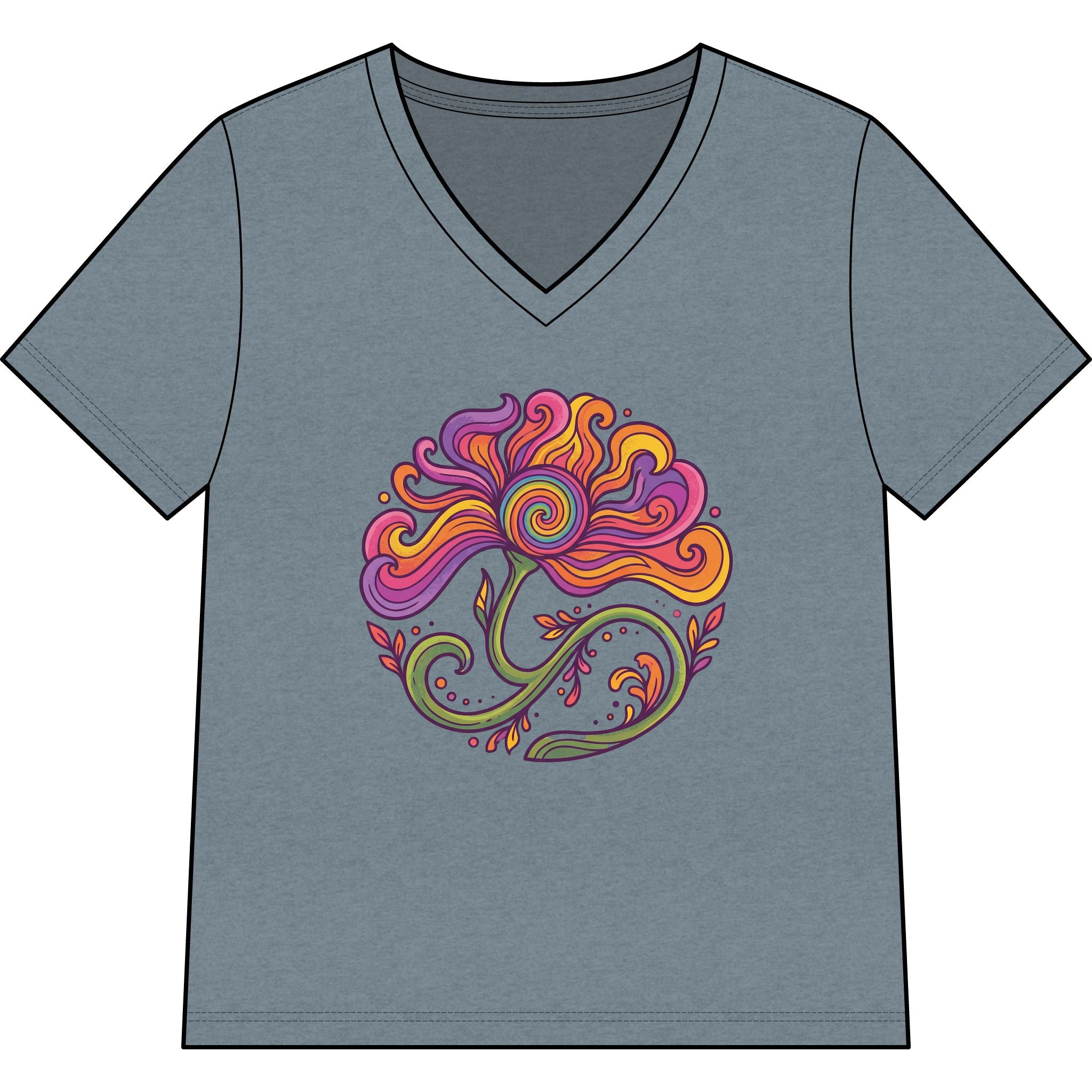 Floral Swirl V-Neck Tee — Colorful Boho Flower Graphic for Women