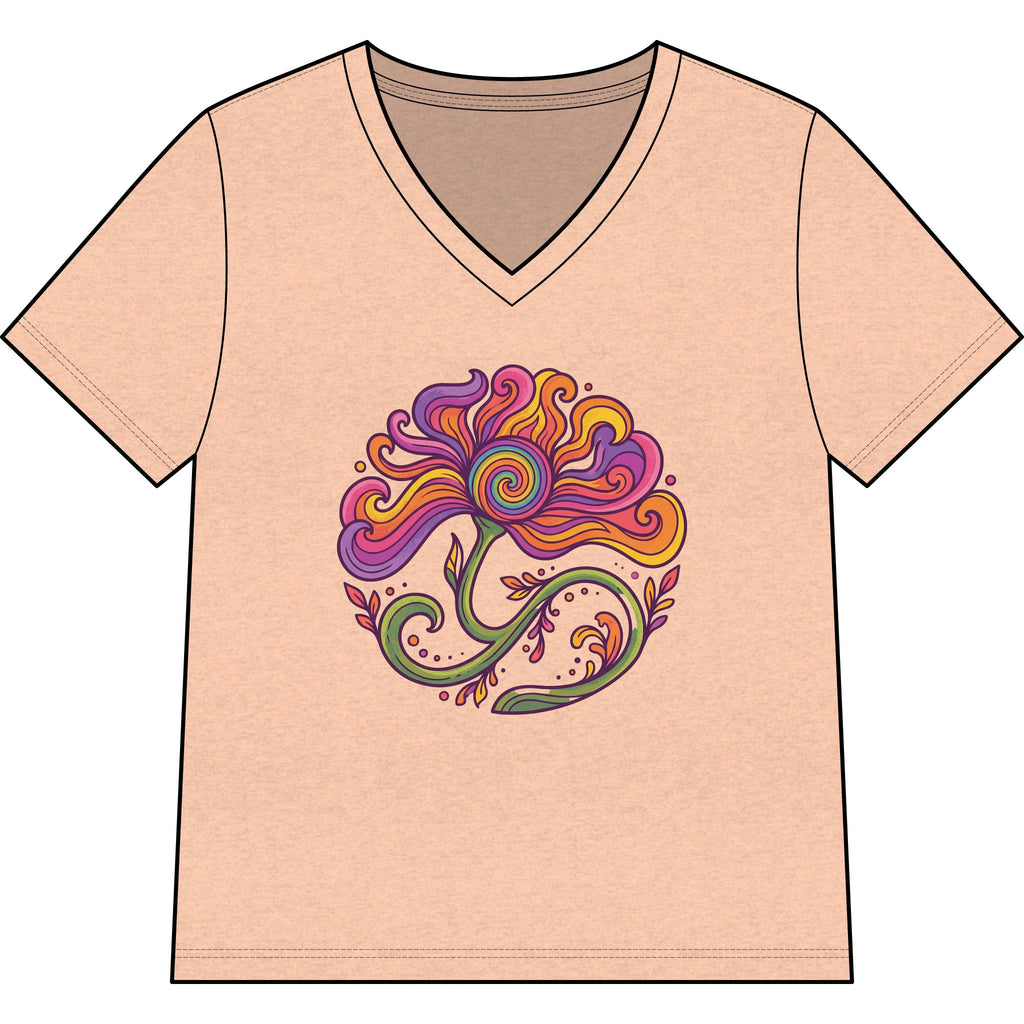 Floral Swirl V-Neck Tee — Colorful Boho Flower Graphic for Women