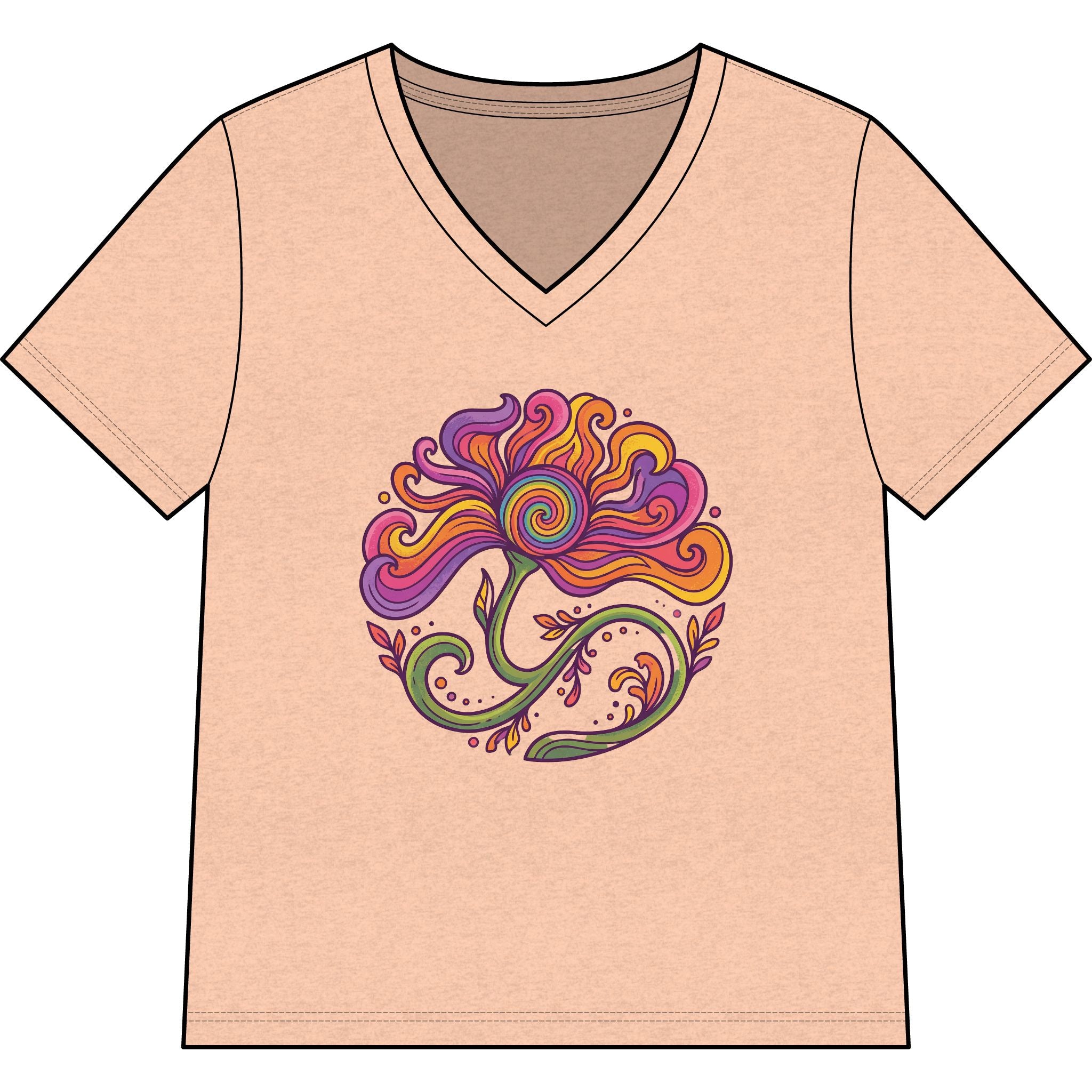 Floral Swirl V-Neck Tee — Colorful Boho Flower Graphic for Women