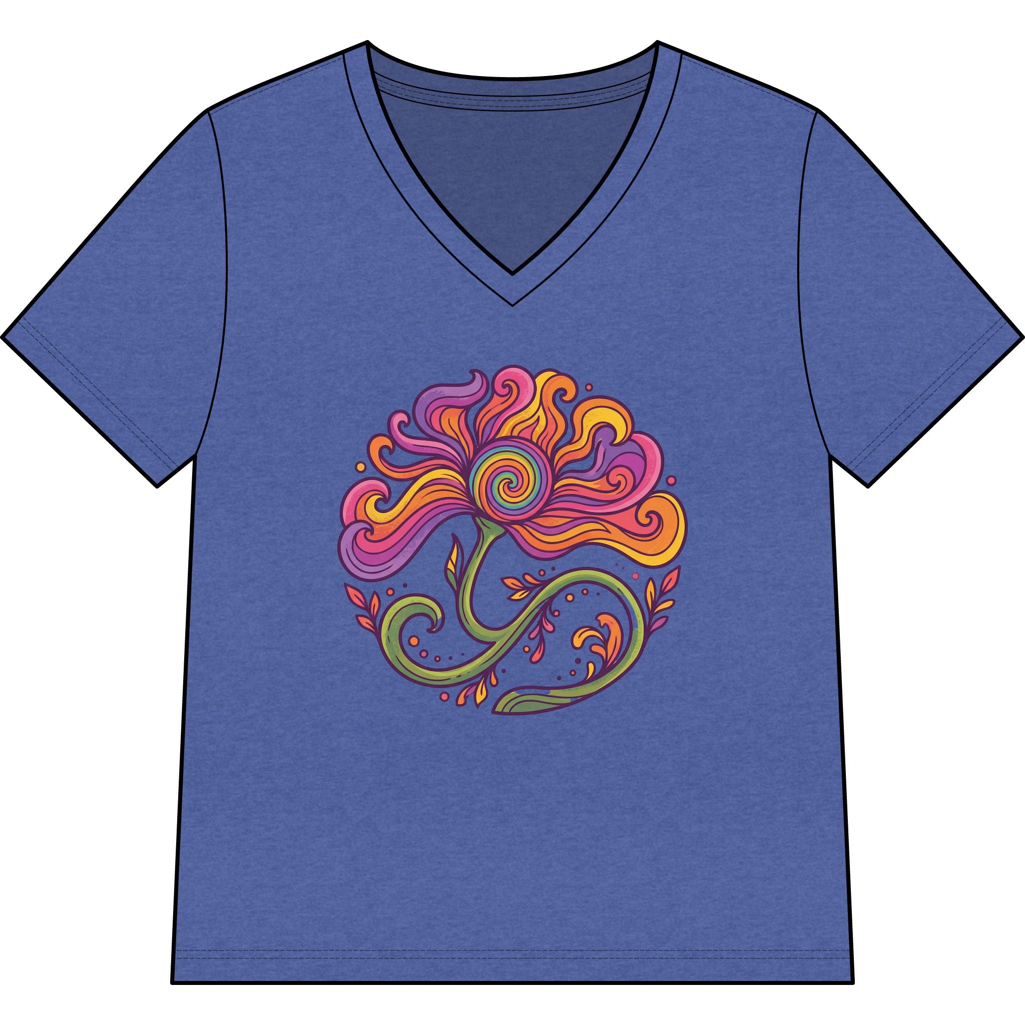 Floral Swirl V-Neck Tee — Colorful Boho Flower Graphic for Women