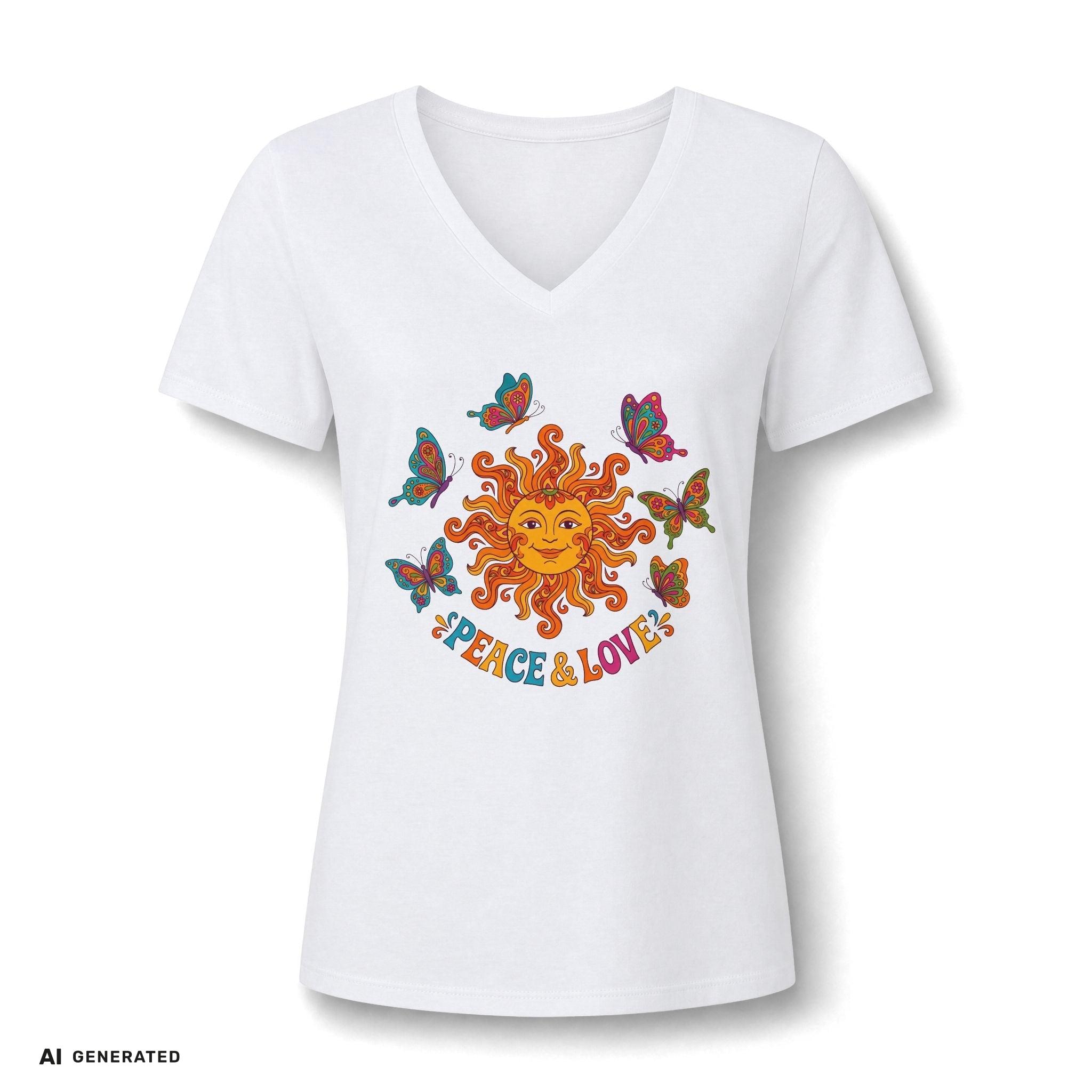 Peace & Love Sunflower Tee – Retro Boho V-Neck Damen | musikworlds Artist Collection – AI GENERATED / KI-GENERIERT