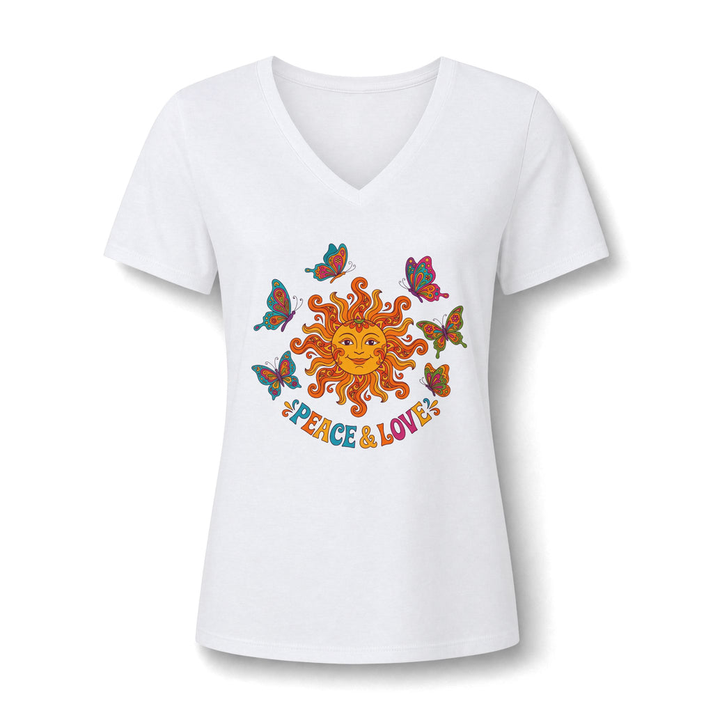 Peace & Love Sunflower Tee – Retro Boho V-Neck Damen | musikworlds Artist Collection