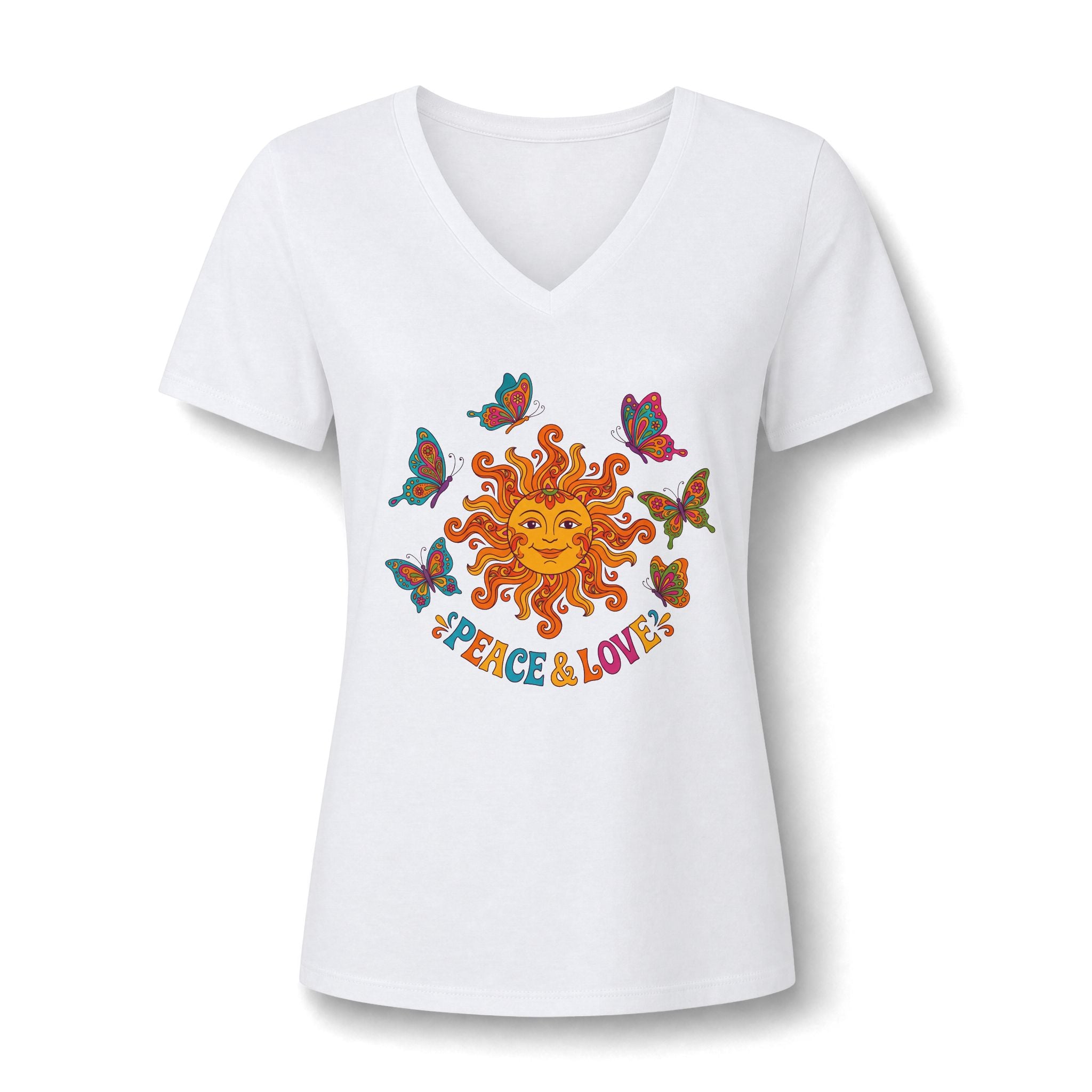 Peace & Love Sunflower Tee – Retro Boho V-Neck Damen | musikworlds Artist Collection