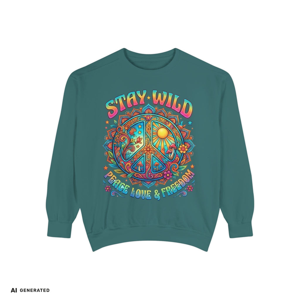 Stay Wild Peace Sign Sweatshirt – Retro Hippie Crewneck | musikworlds Artist Collection – AI GENERATED / KI-GENERIERT