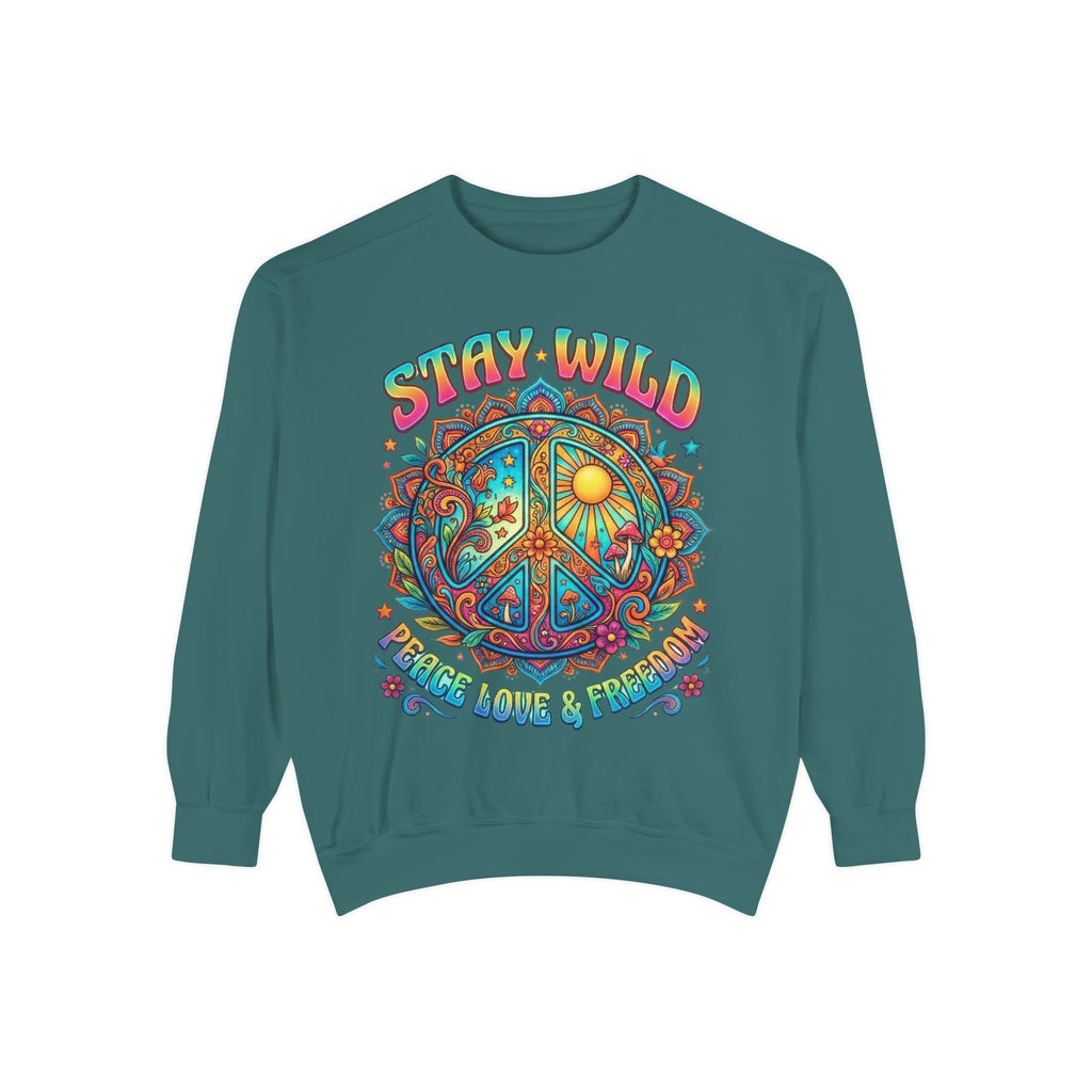 Stay Wild Peace Sign Sweatshirt — Retro Hippie Peace, Love & Freedom Crewneck