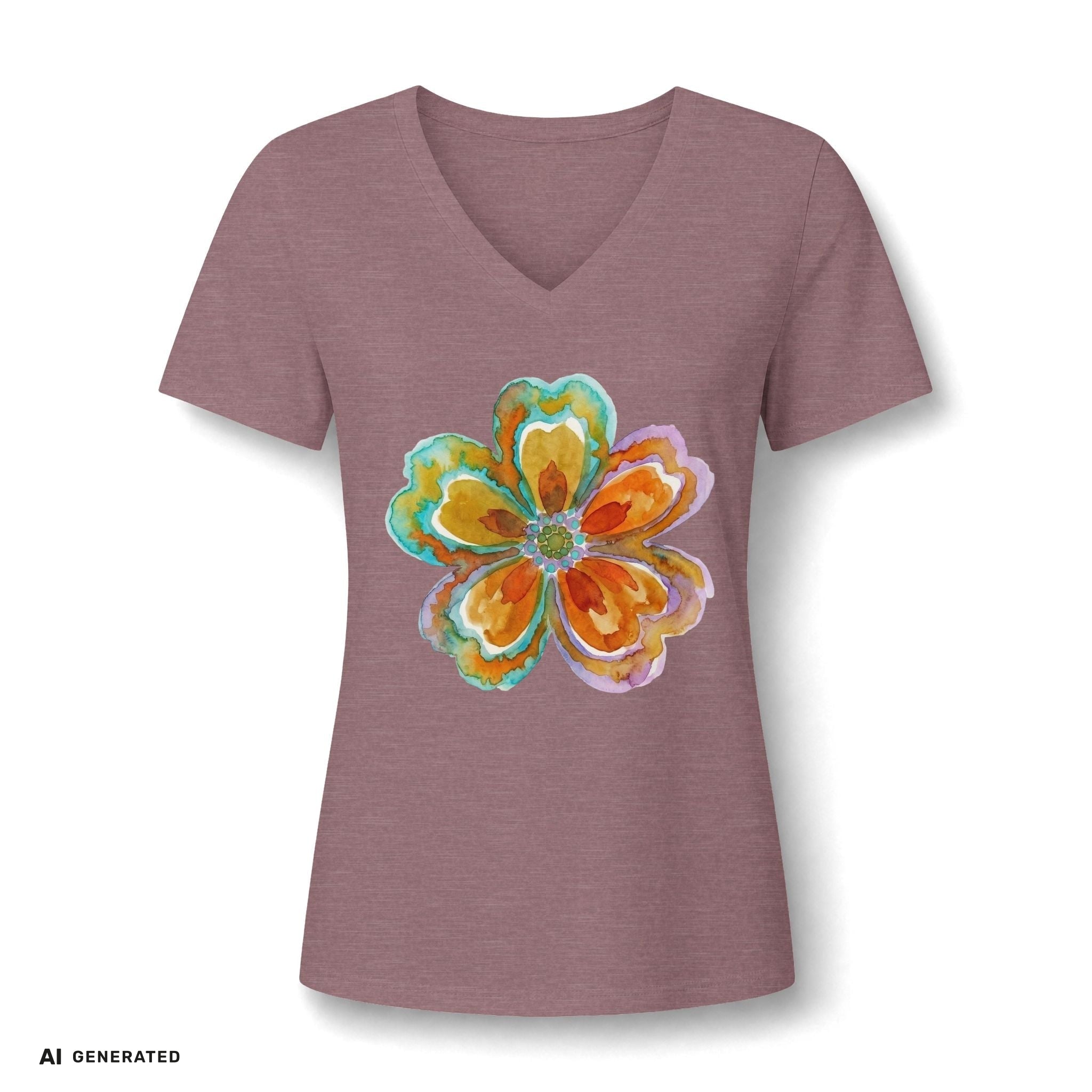 Damen V-Neck Watercolor Floral Bloom – Orange & Türkis Shirt | musikworlds Artist Collection – AI GENERATED / KI-GENERIERT