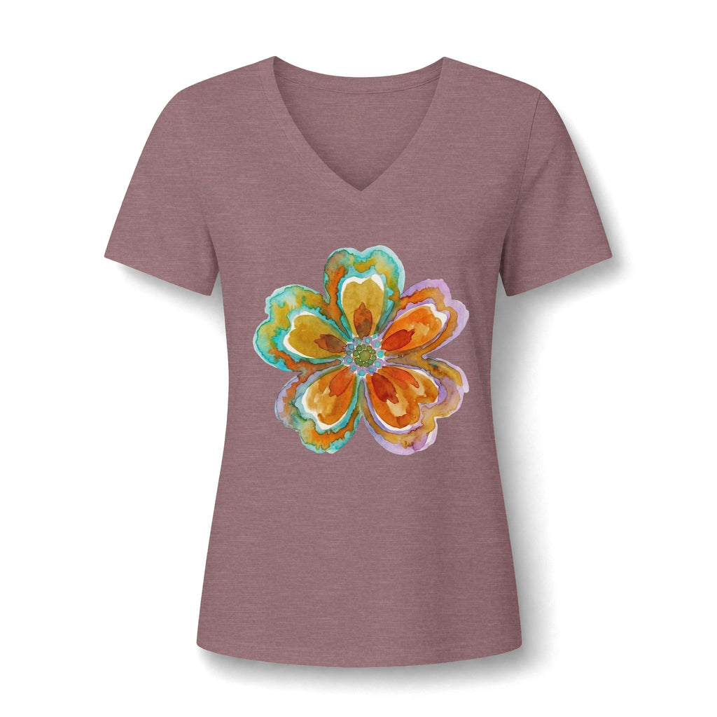 Damen V-Neck Watercolor Floral Bloom – Orange & Türkis Shirt | musikworlds Artist Collection