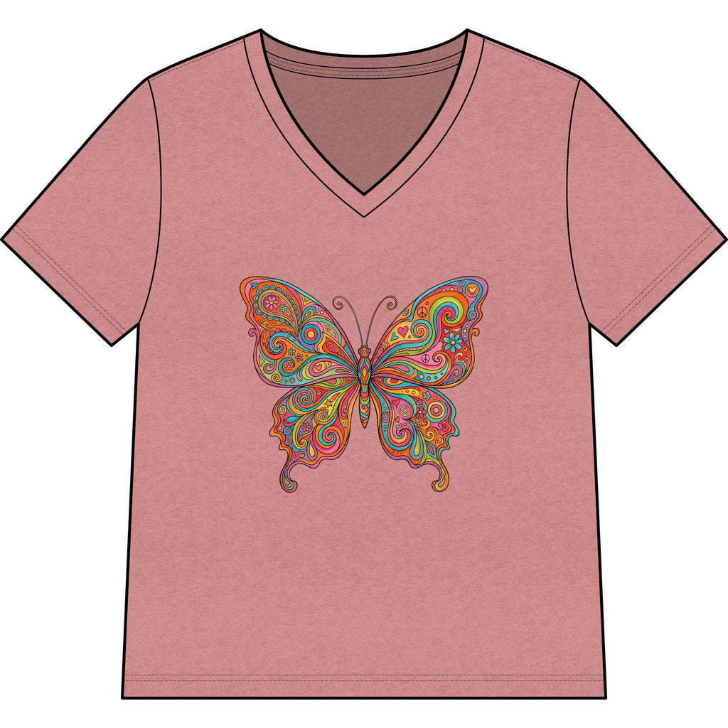 Butterfly Paisley V-Neck Tee — Colorful Boho Floral Graphic for Women