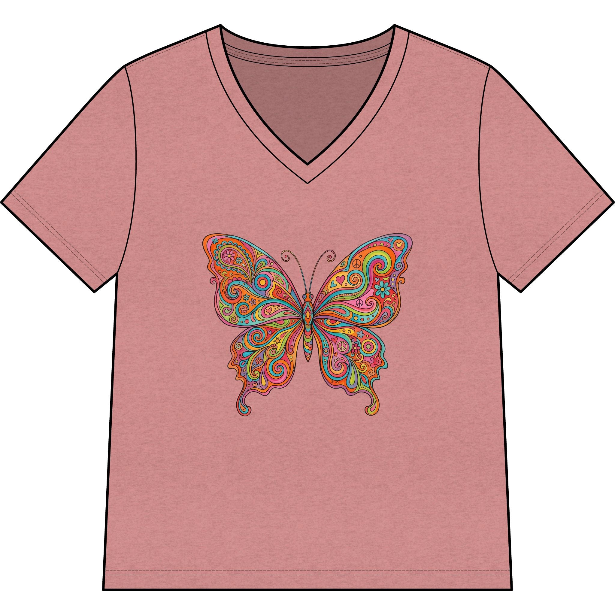 Butterfly Paisley V-Neck Tee — Colorful Boho Floral Graphic for Women